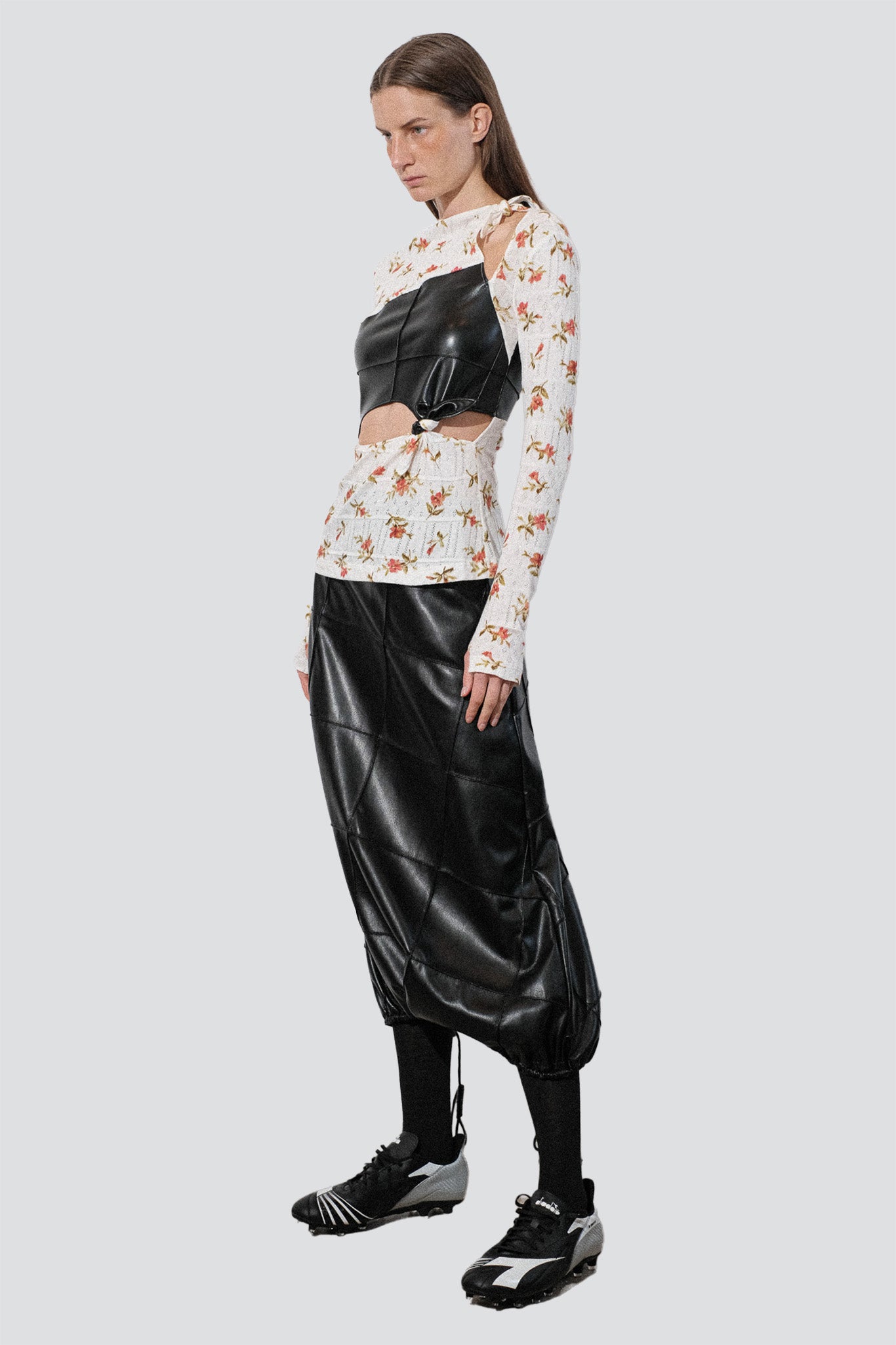 White Floral Jersey Knots Pintuck Top