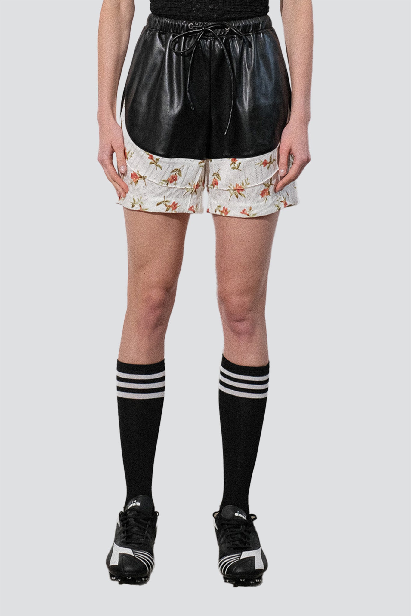 White Floral Jersey Pintuck Vegan Leather Shorts