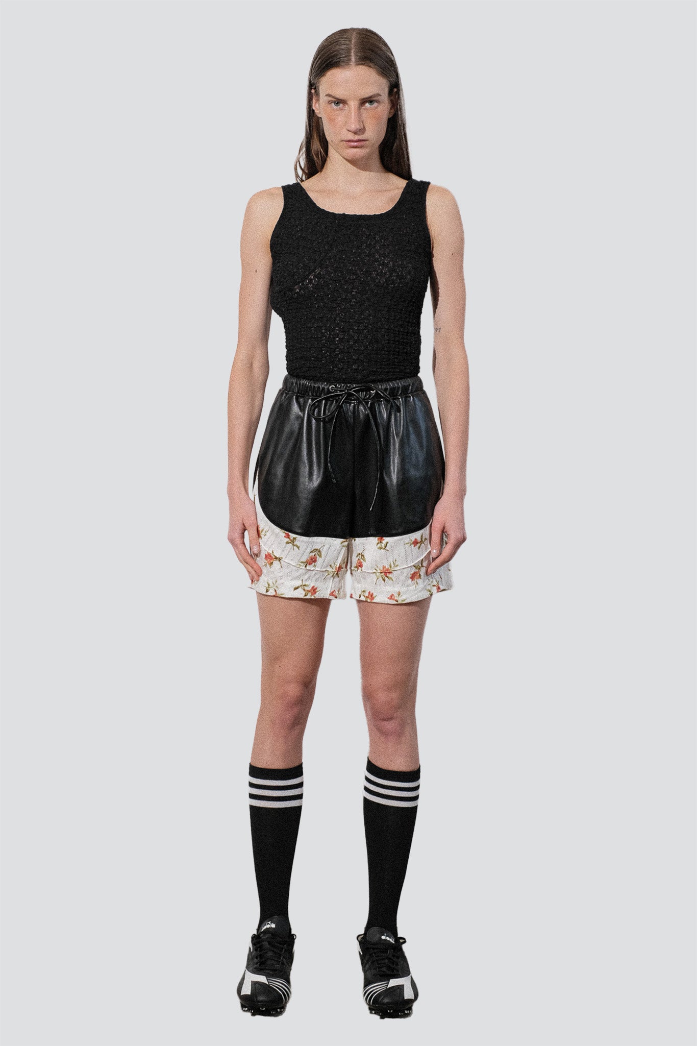 White Floral Jersey Pintuck Vegan Leather Shorts