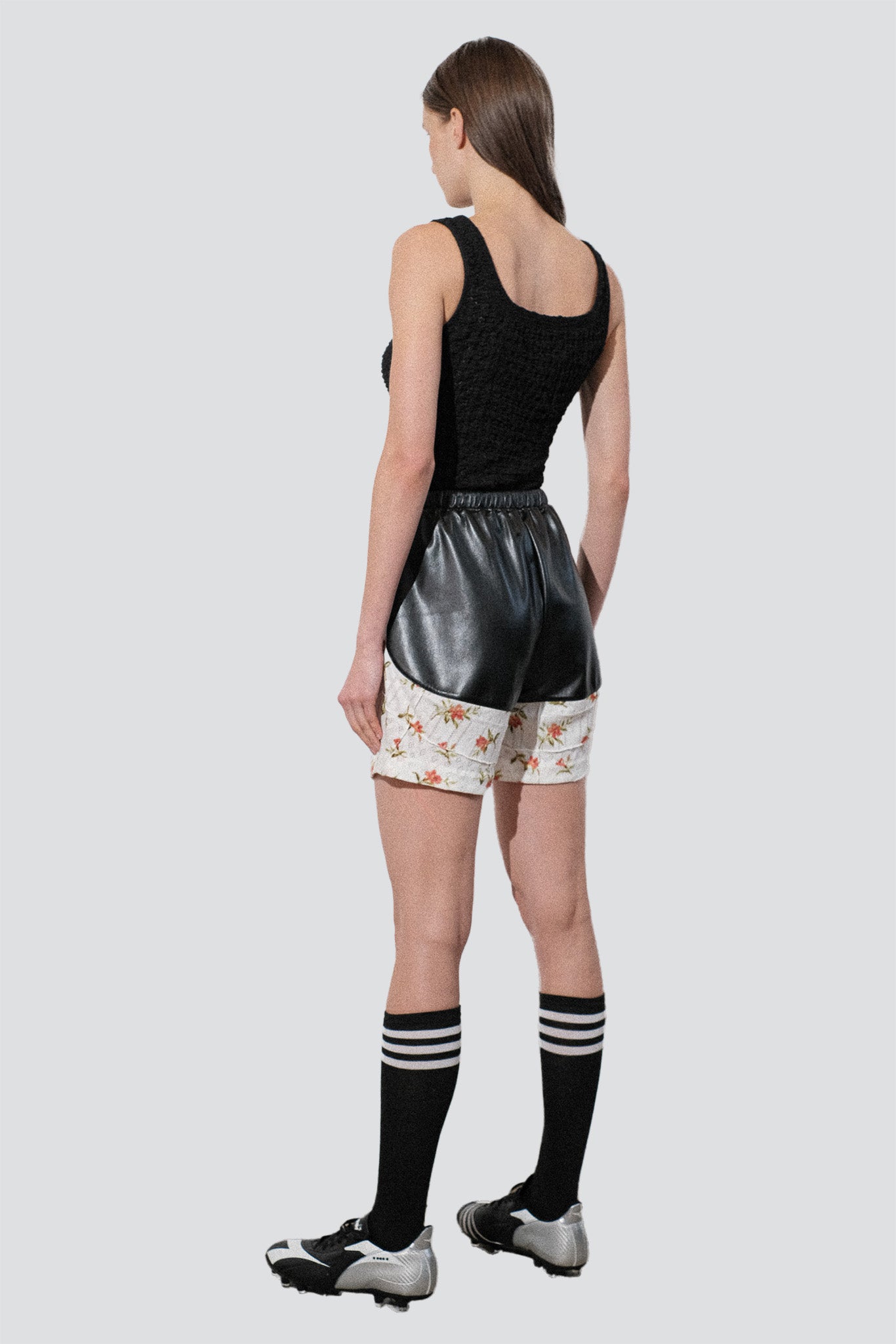 White Floral Jersey Pintuck Vegan Leather Shorts