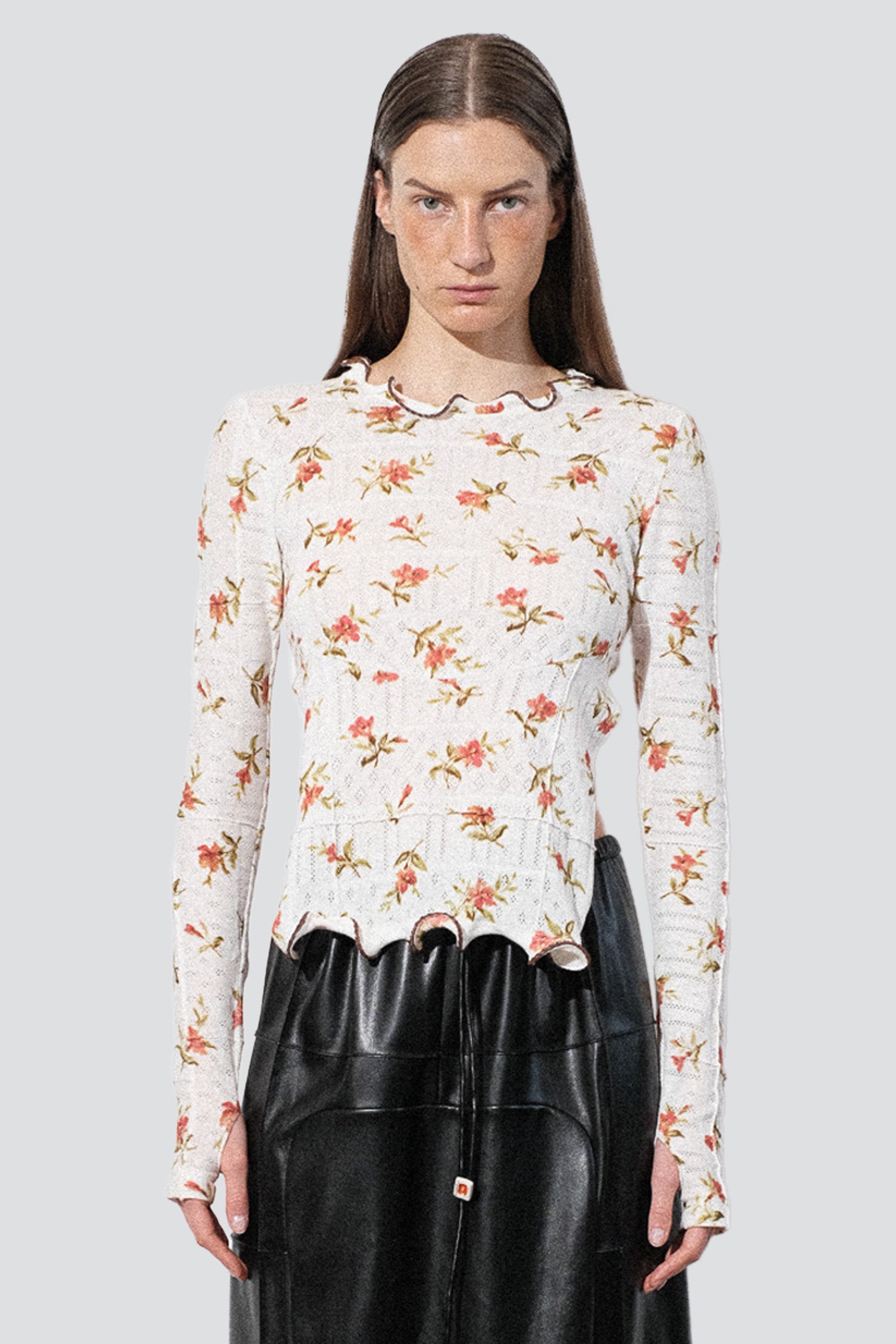 White Floral Jersey Ruffle Hem Cut Out Top
