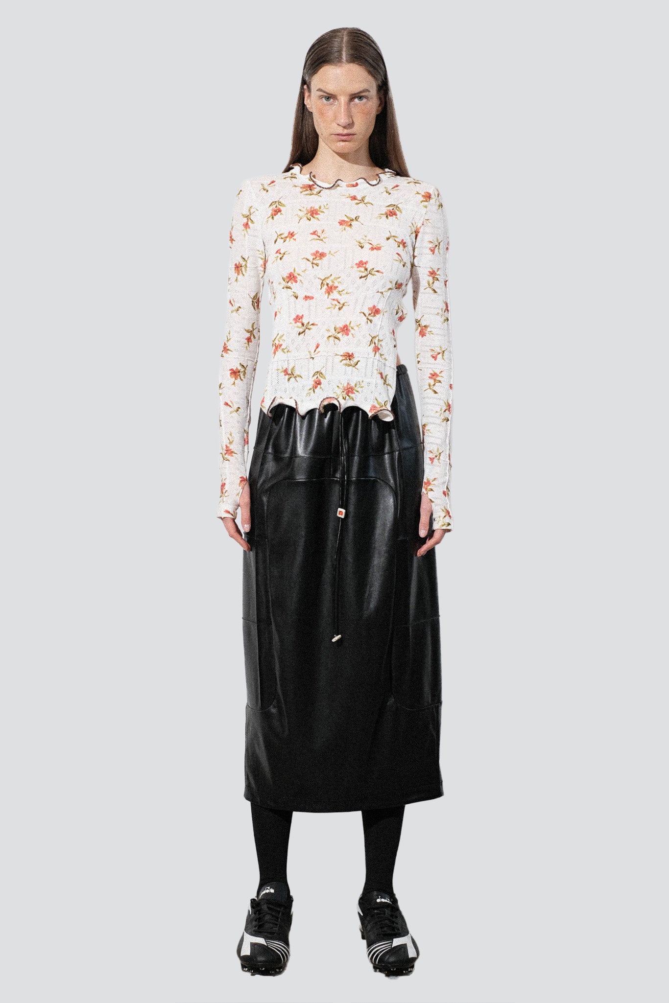 White Floral Jersey Ruffle Hem Cut Out Top