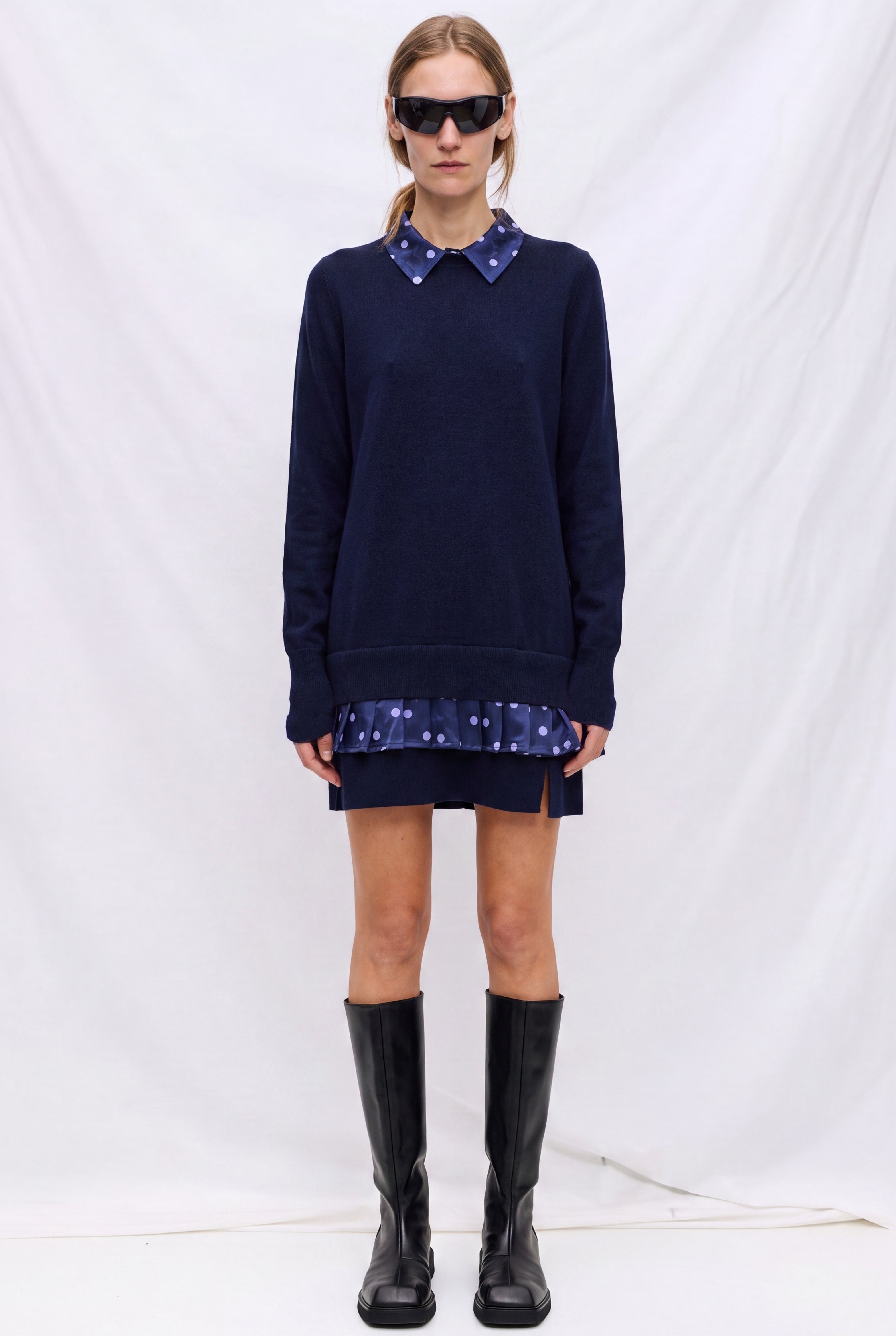Sea Navy Venus Merino Wool V-Neck Dress