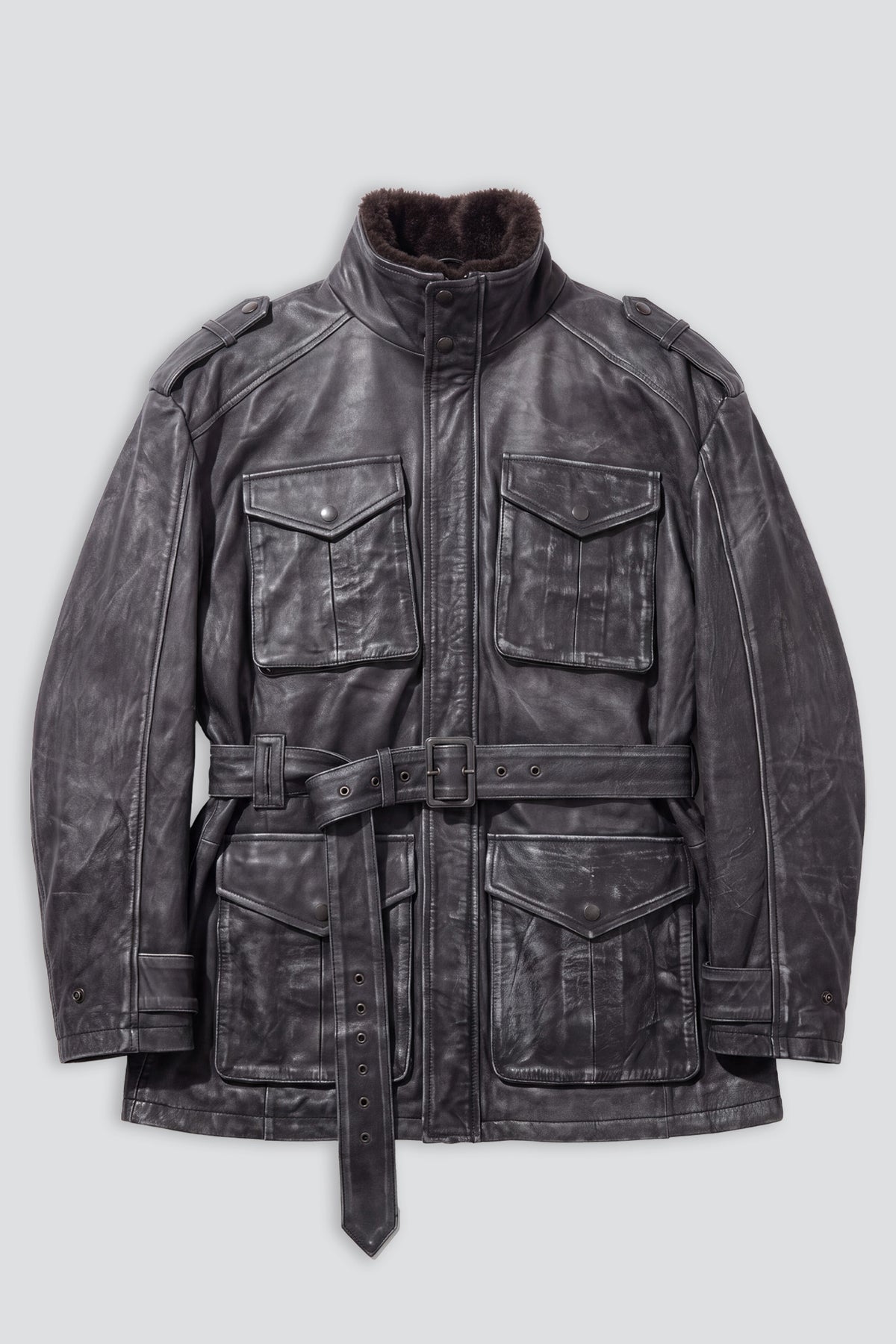 Faded Black Distressed Leather M65 Utility Jacket