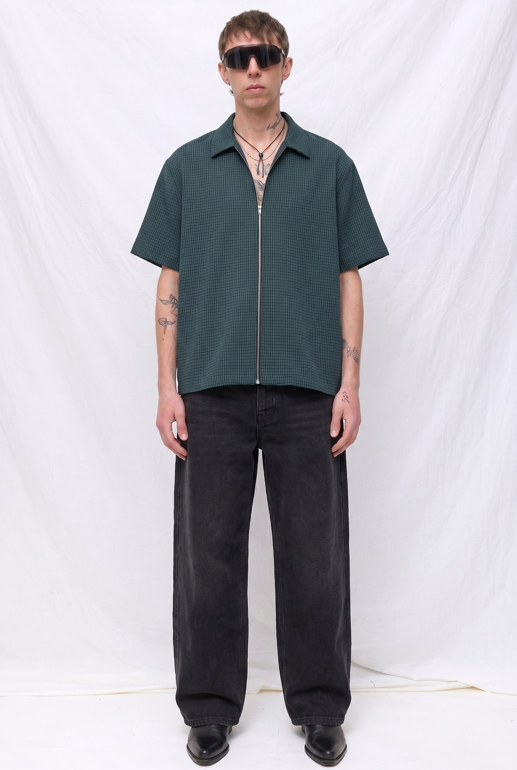 Green Plaid Zip Camp Shirt