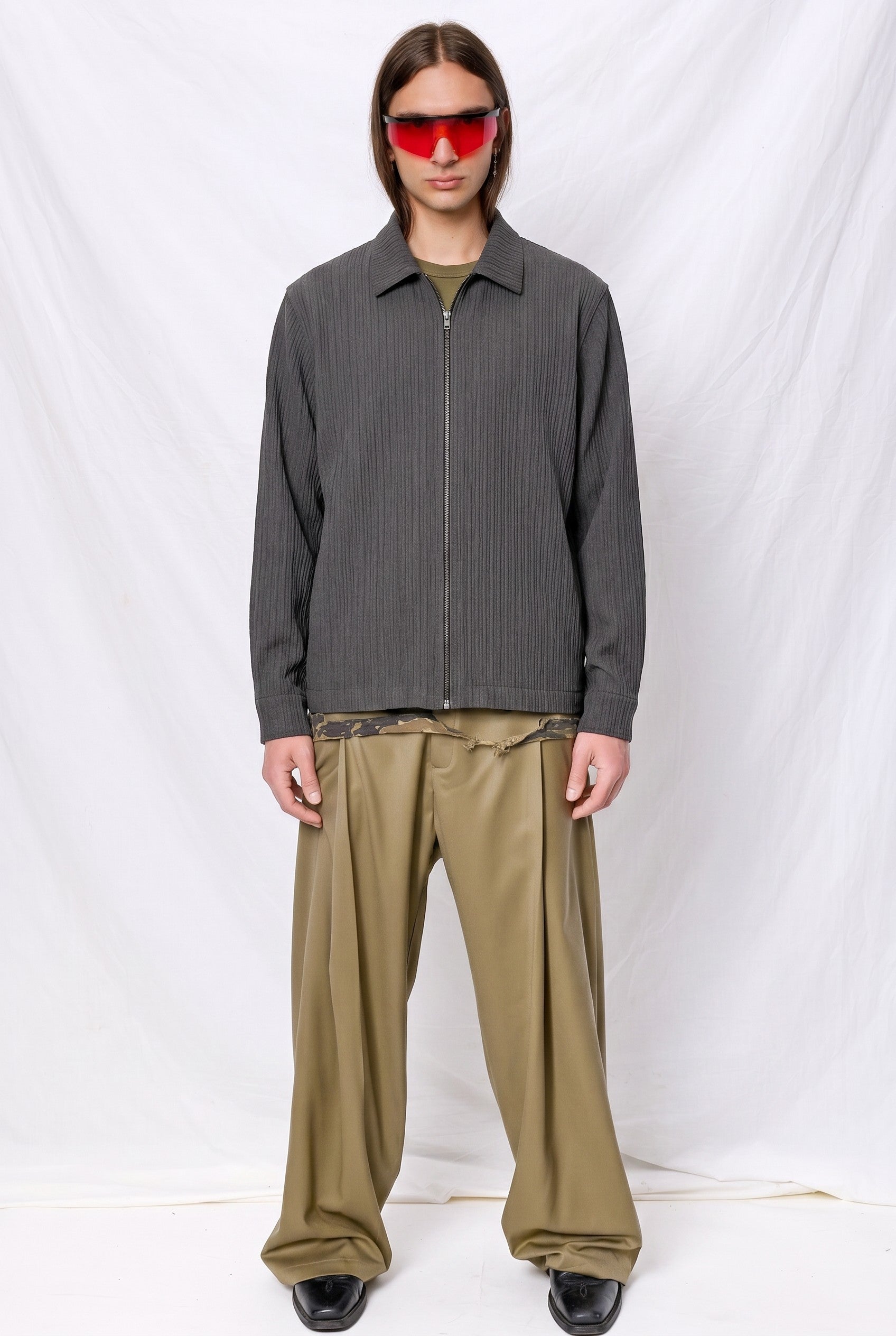 Grey Long Sleeve Zip Camp Shirt - Assembly New York M Grey Long Sleeve Zip Camp Shirt - Assembly New York M