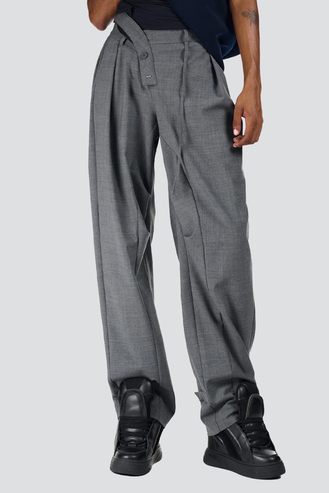Grey Strapped Baggy Suit Pants