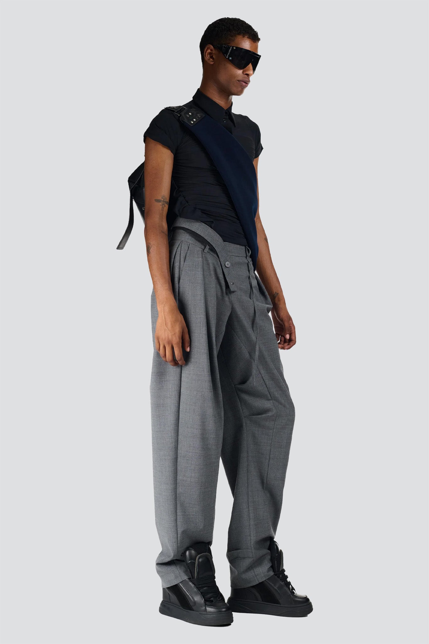 Grey Strapped Baggy Suit Pants