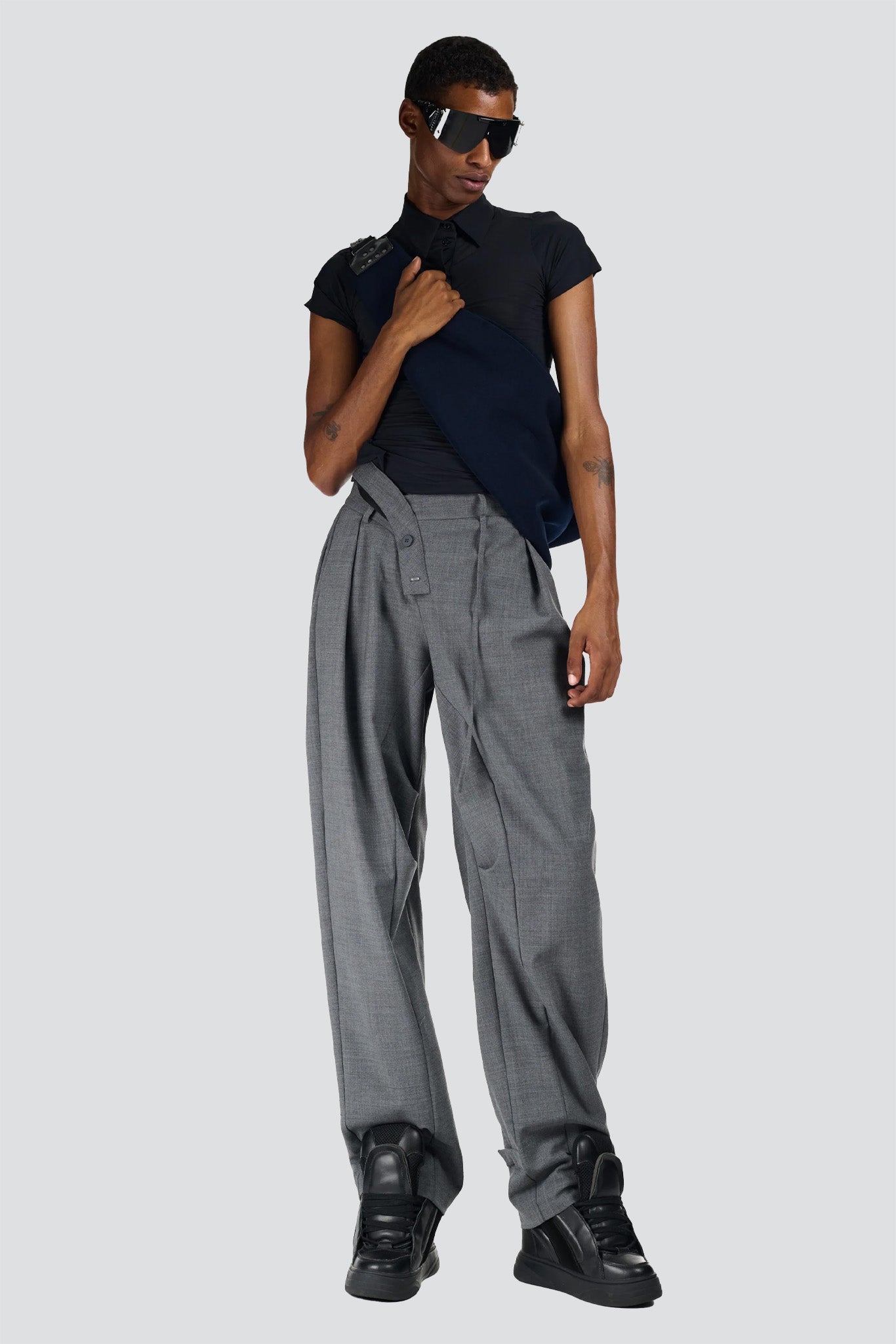 Grey Strapped Baggy Suit Pants