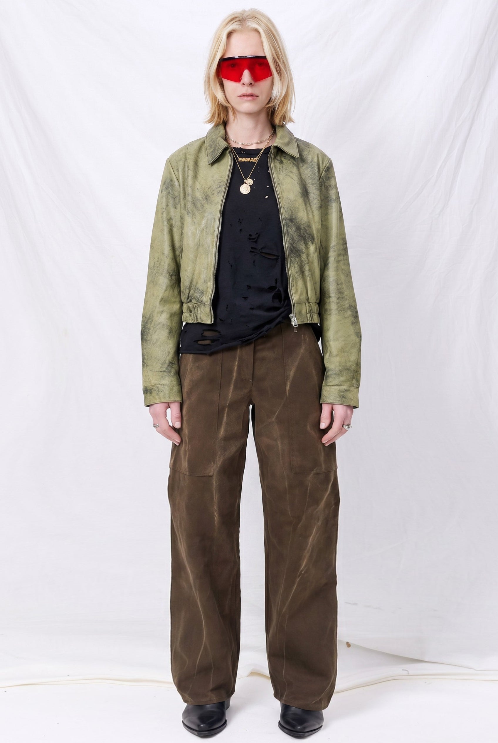 Antique Olive Leather Shrunken Zip Jacket - Assembly New York