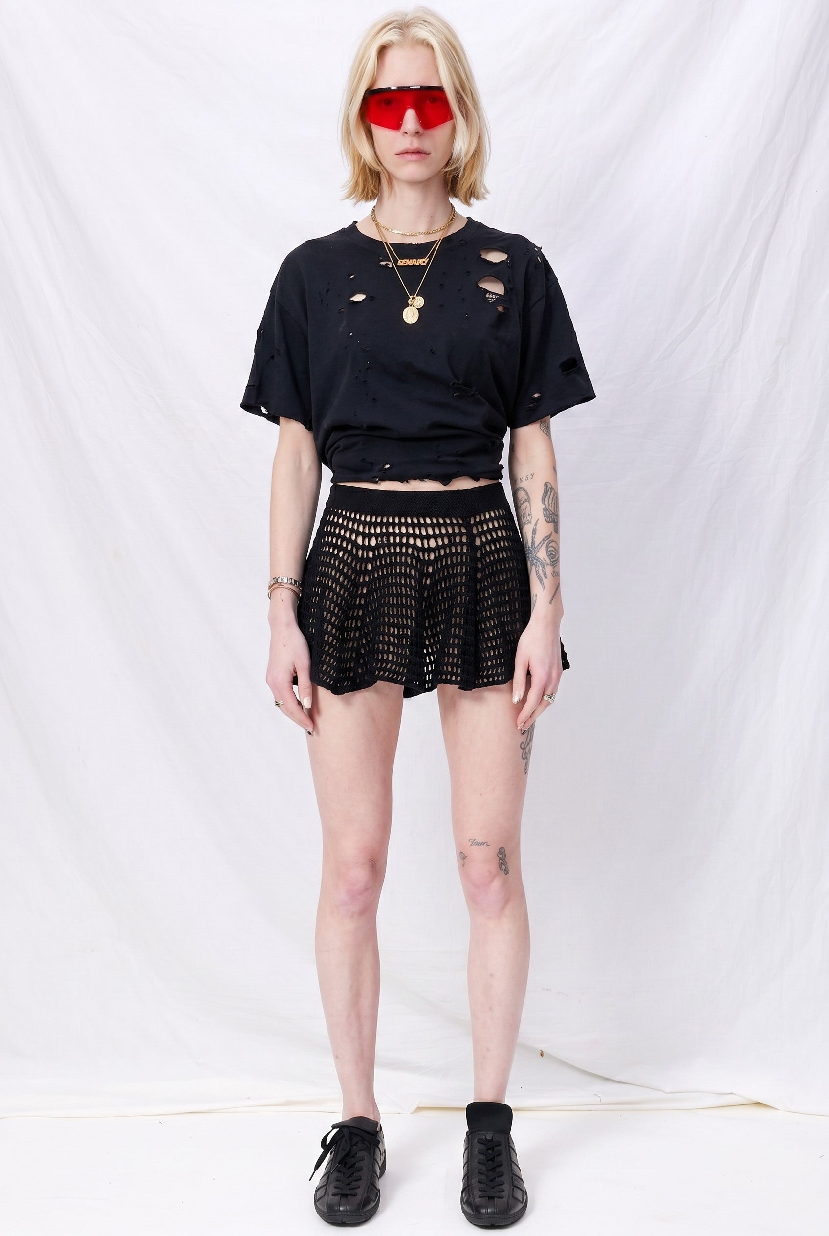 Black Pointelle Flare Skirt