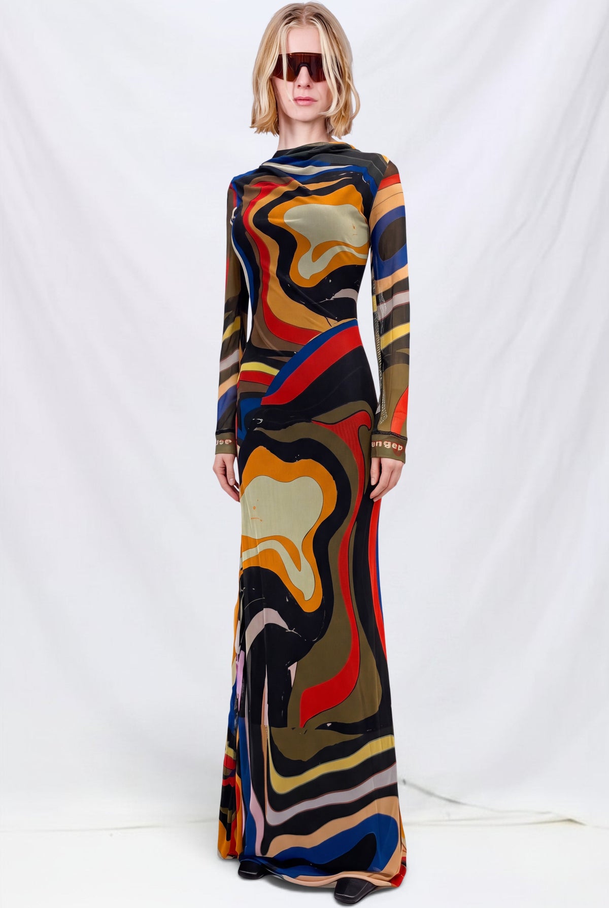 Psychedelic Mesh Long Sleeve Maxi Dress