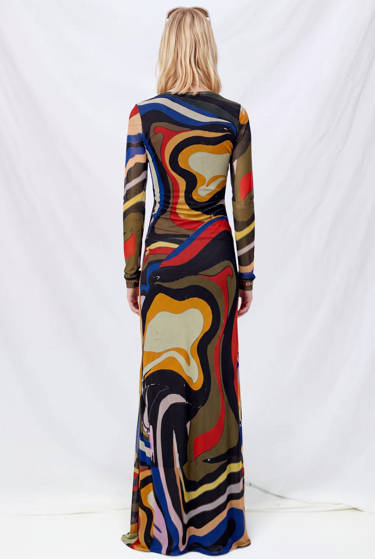 Psychedelic Mesh Long Sleeve Maxi Dress