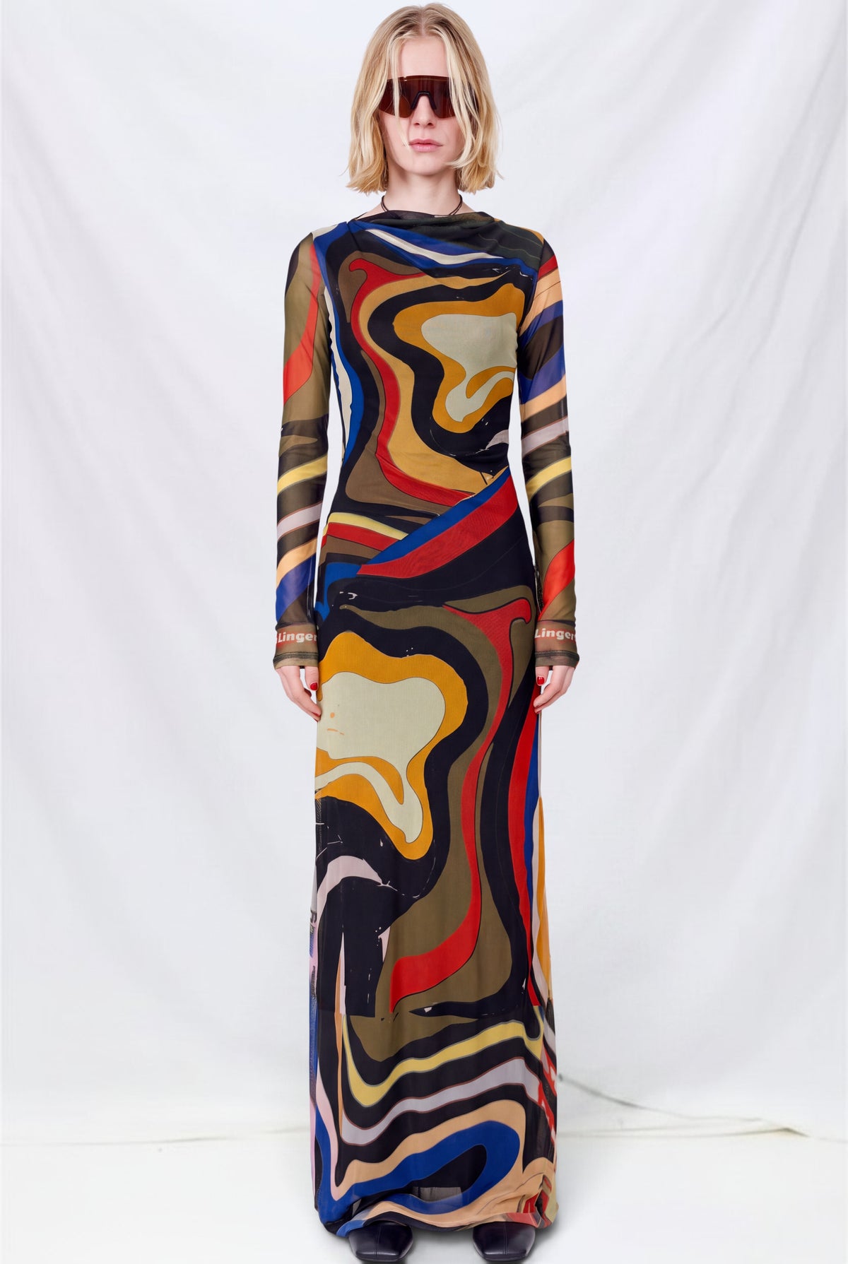 Psychedelic Mesh Long Sleeve Maxi Dress