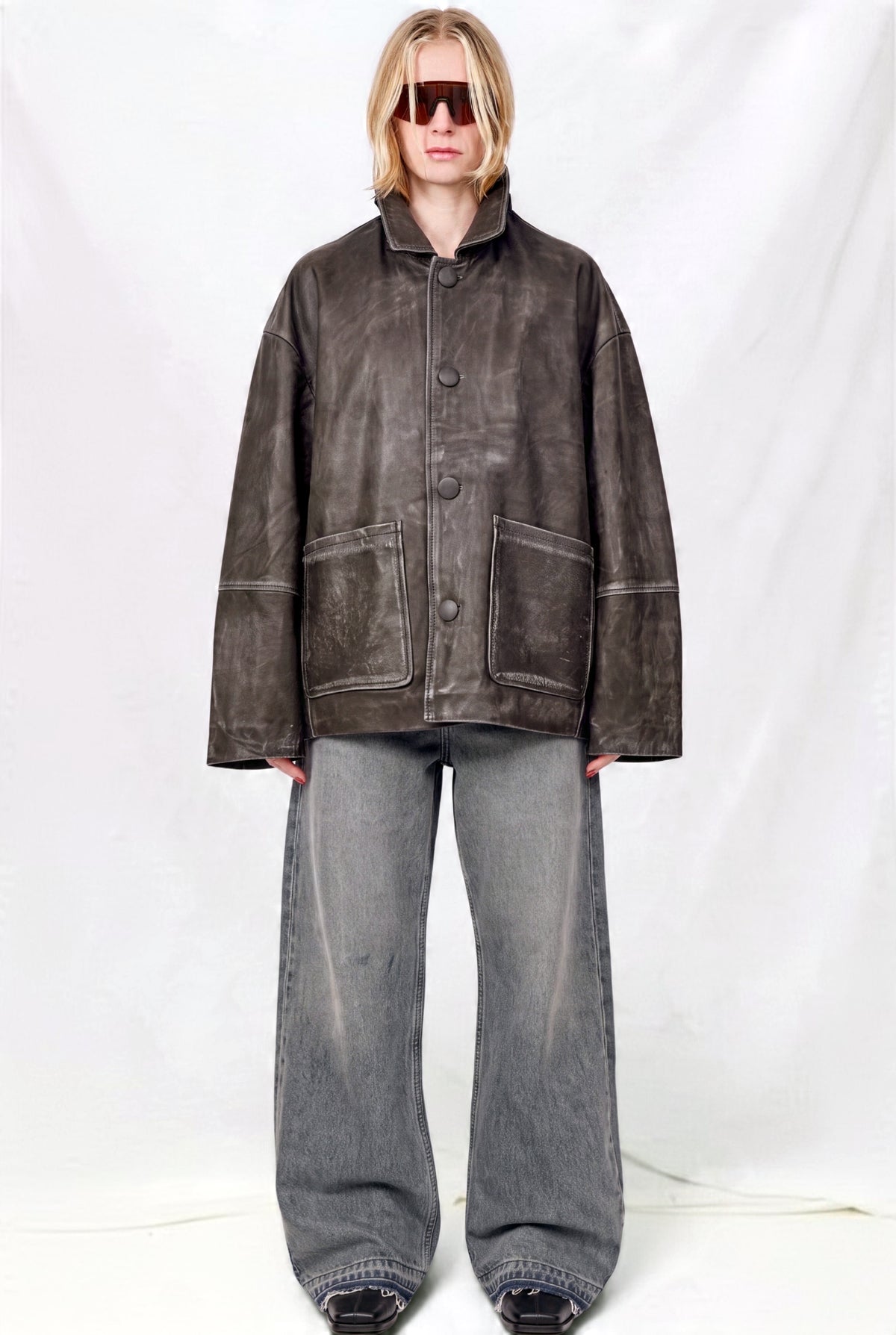 Faded Black Pocket Leather Utility Jacket