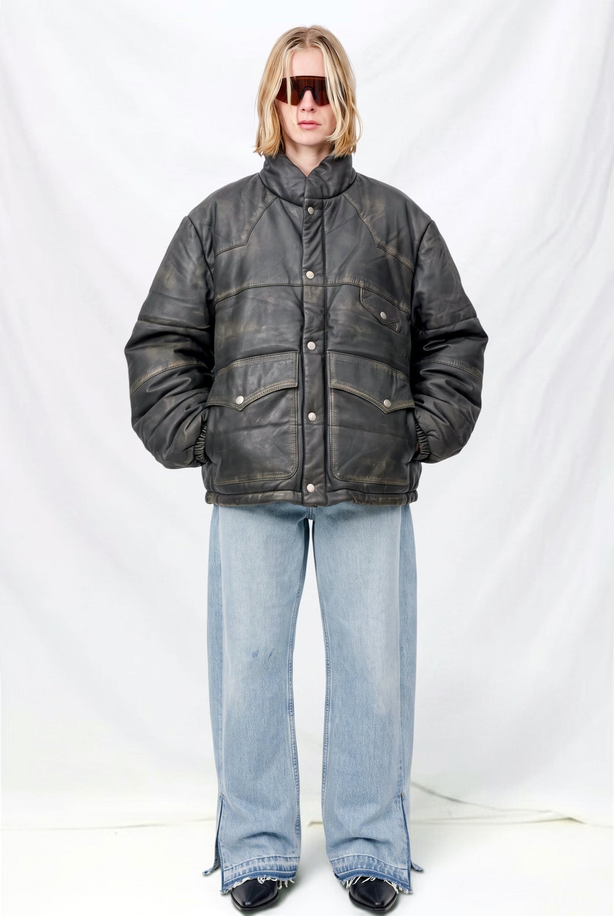 Vintage Black Distressed Leather Puffer Jacket