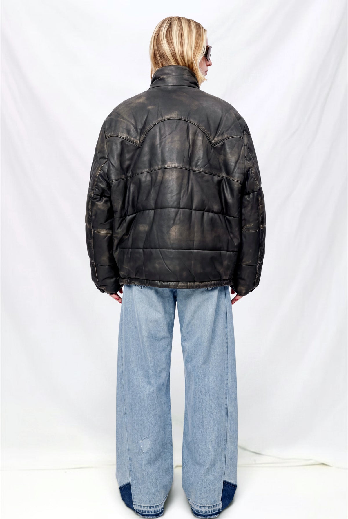 Vintage Black Distressed Leather Puffer Jacket