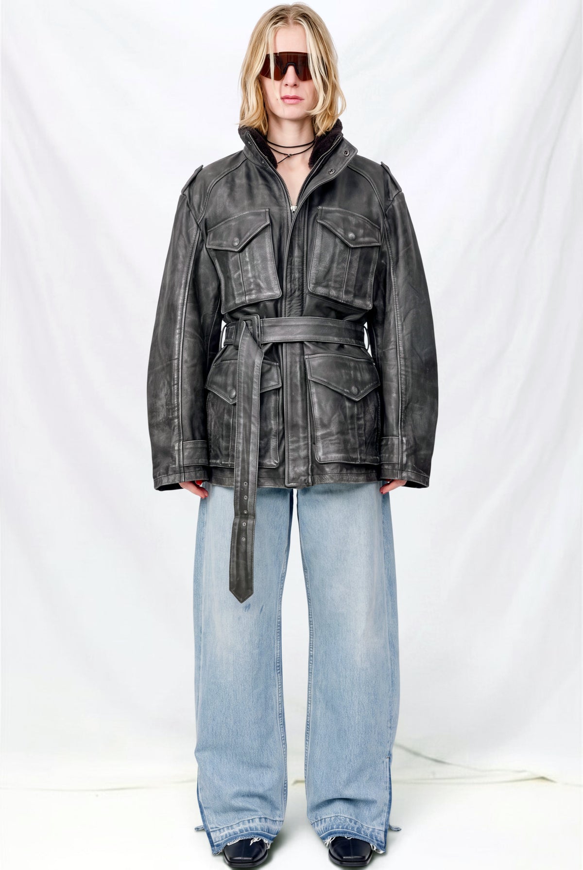 Faded Black Distressed Leather M65 Utility Jacket