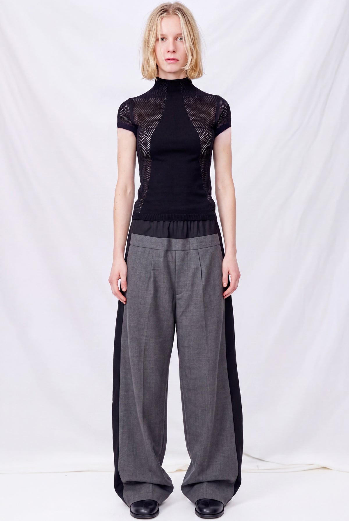 Black Suki Mesh Cap Sleeve Mock Neck