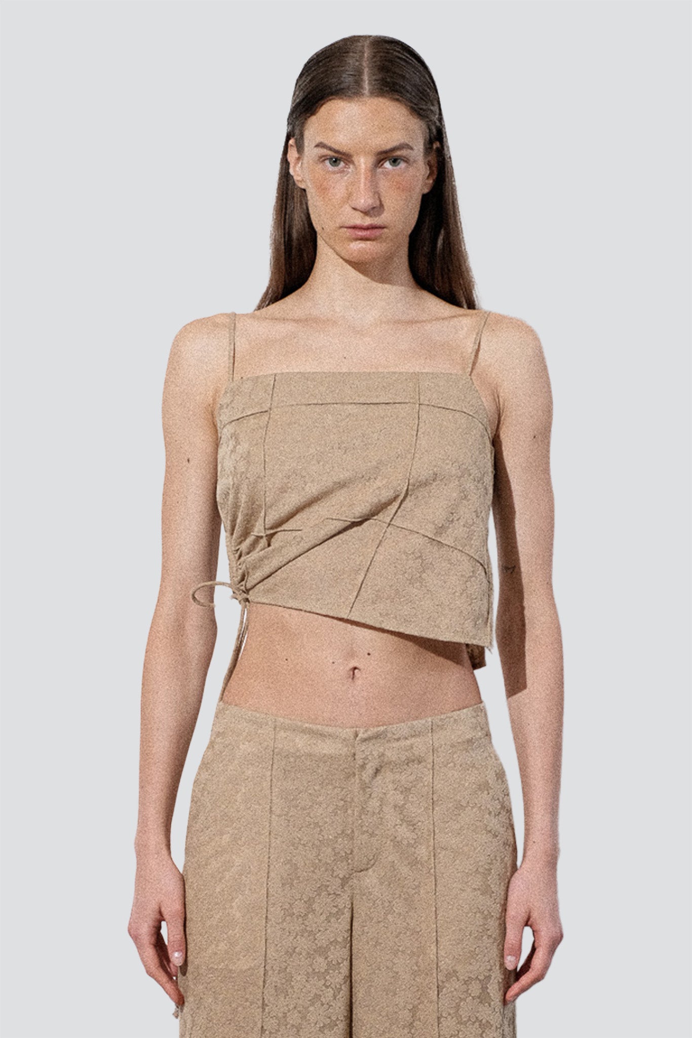 Pale Khaki Jacquard Floral Knit Pintuck Tank Top