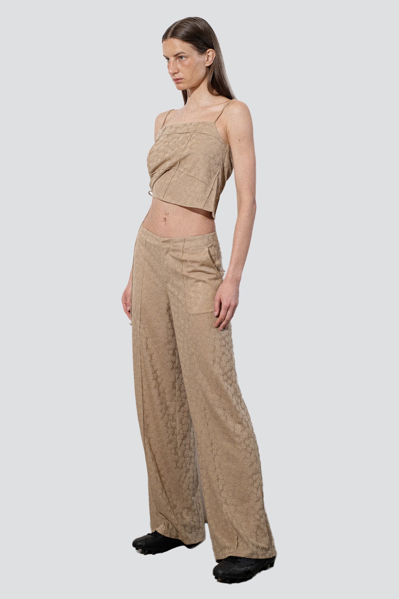 Pale Khaki Jacquard Floral Knit Pintuck Tank Top