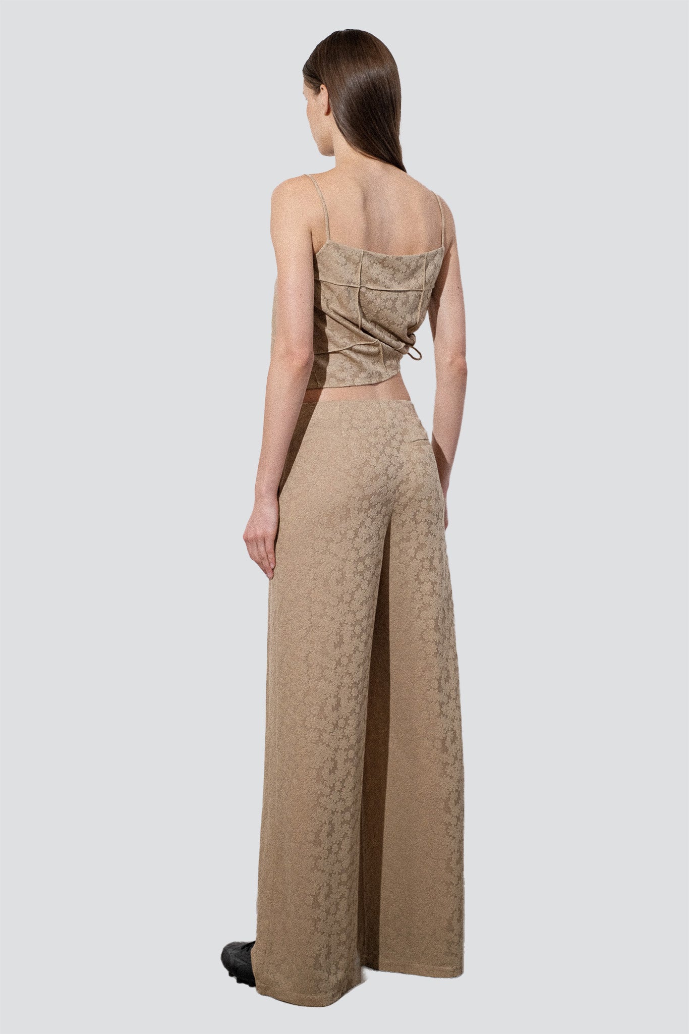 Pale Khaki Jacquard Floral Knit Pintuck Tank Top