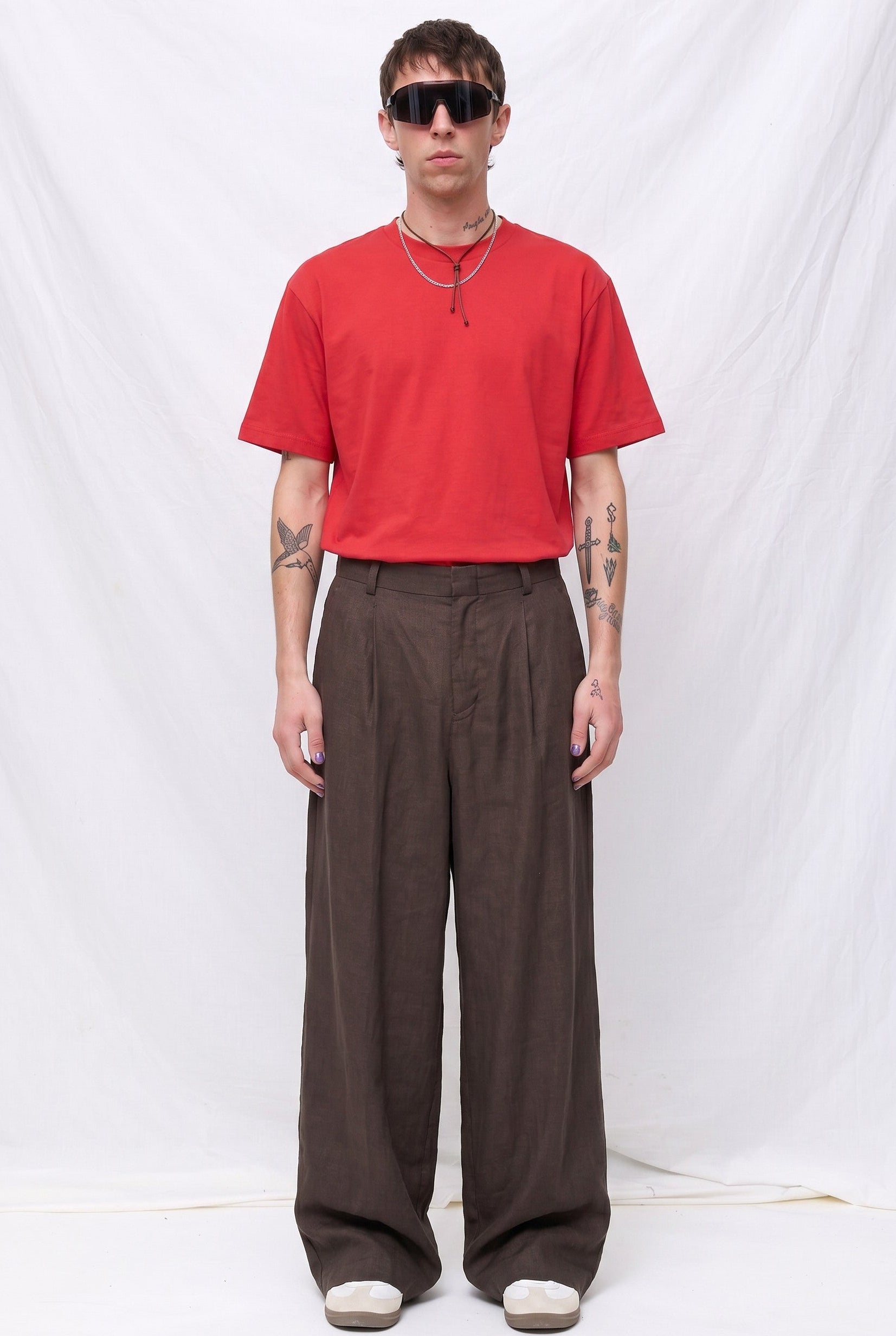 Khaki Grey Linen Two Tuck Wide Grey Pants