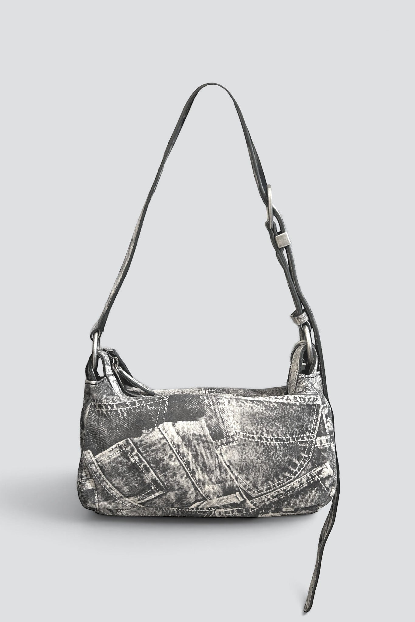 Light Grey Printed Suede Outpocket Hobo Mini