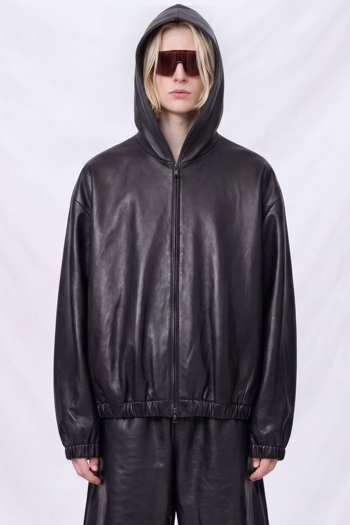 No.216 Black Leather Hooded Zipper Jacket