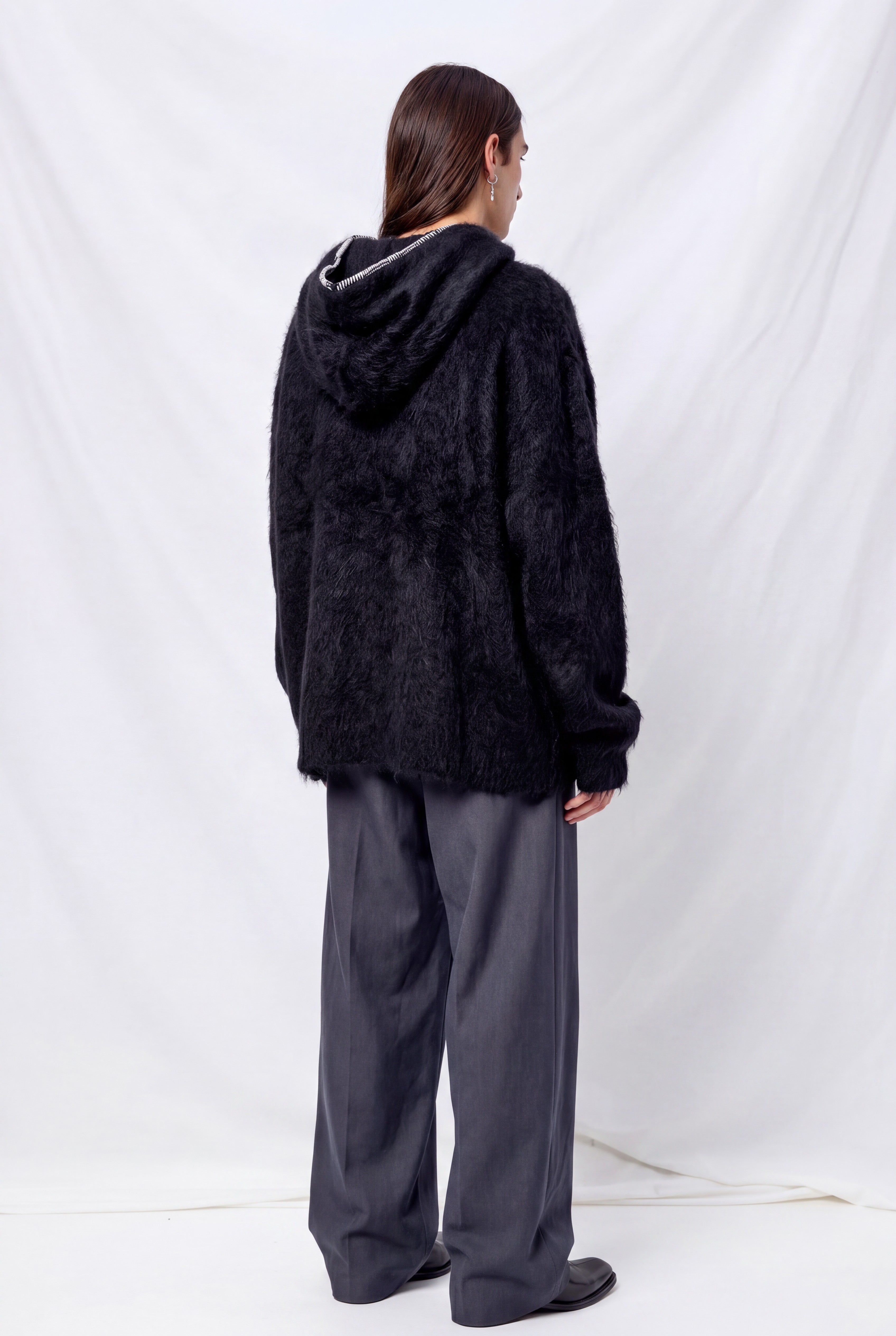 Black Hairy Wool Full Zip Hood