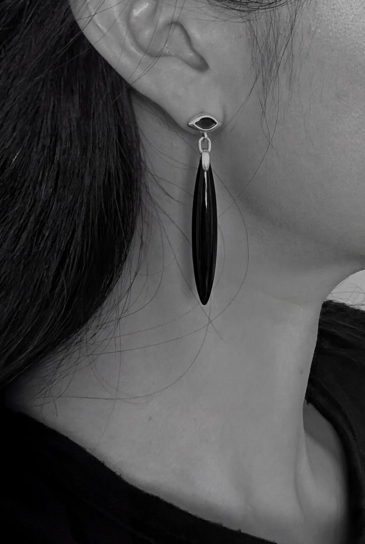 Onyx/Sterling Silver Navette Earrings
