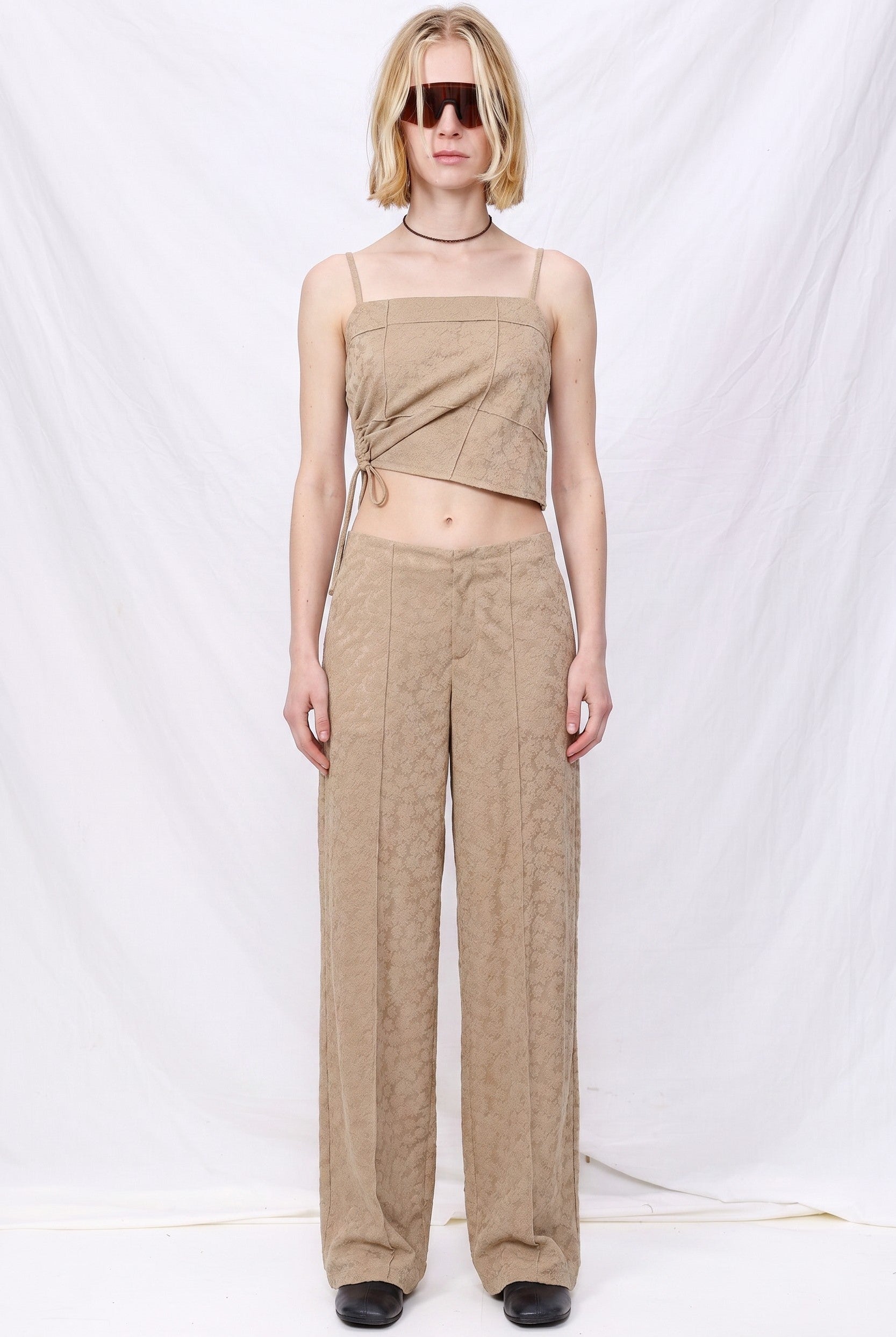 Pale Khaki Jacquard Floral Knit Pintuck Tank Top