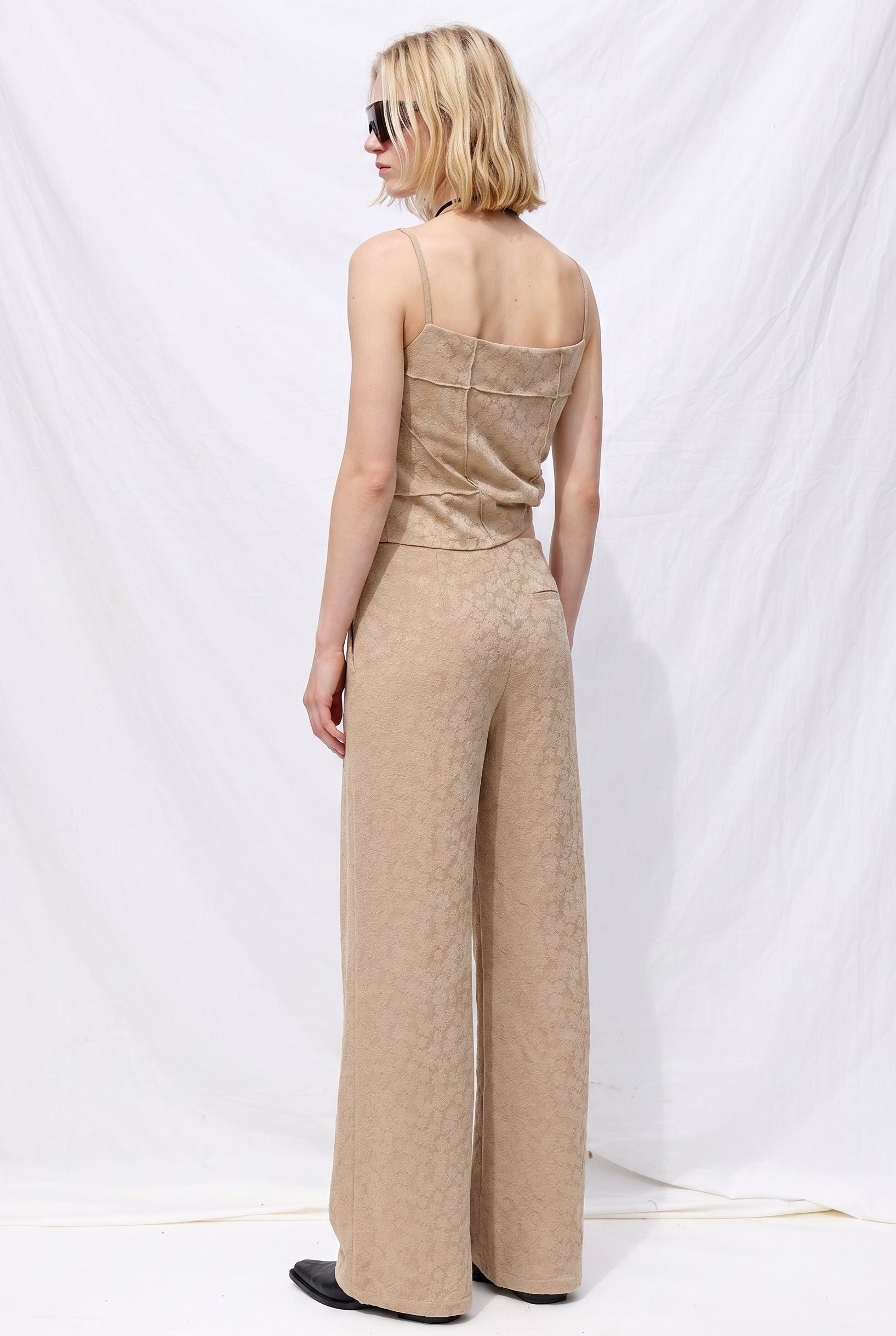 Pale Khaki Jacquard Floral Knit Pintuck Tank Top