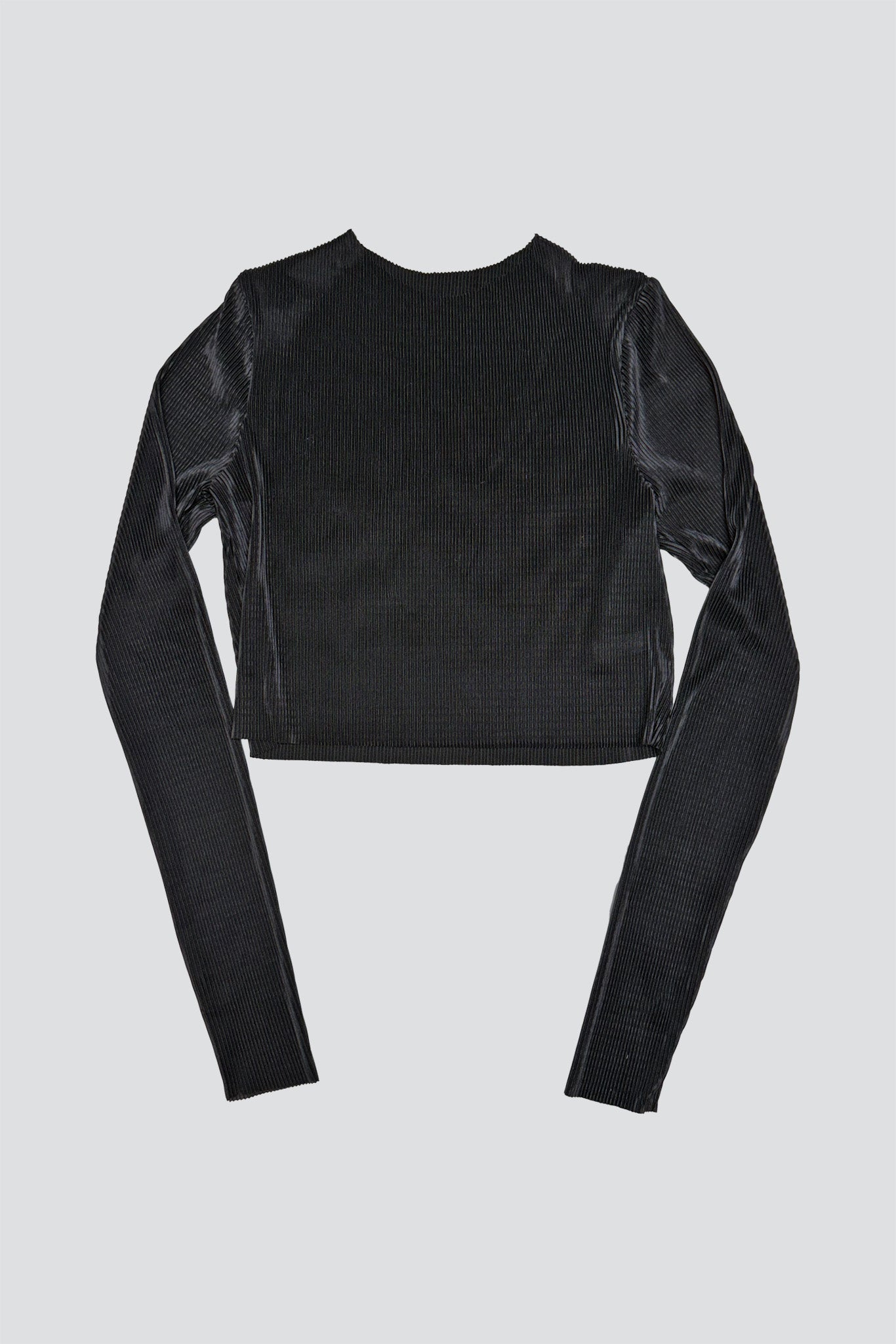 Black Plisse Crop Long Sleeve Top