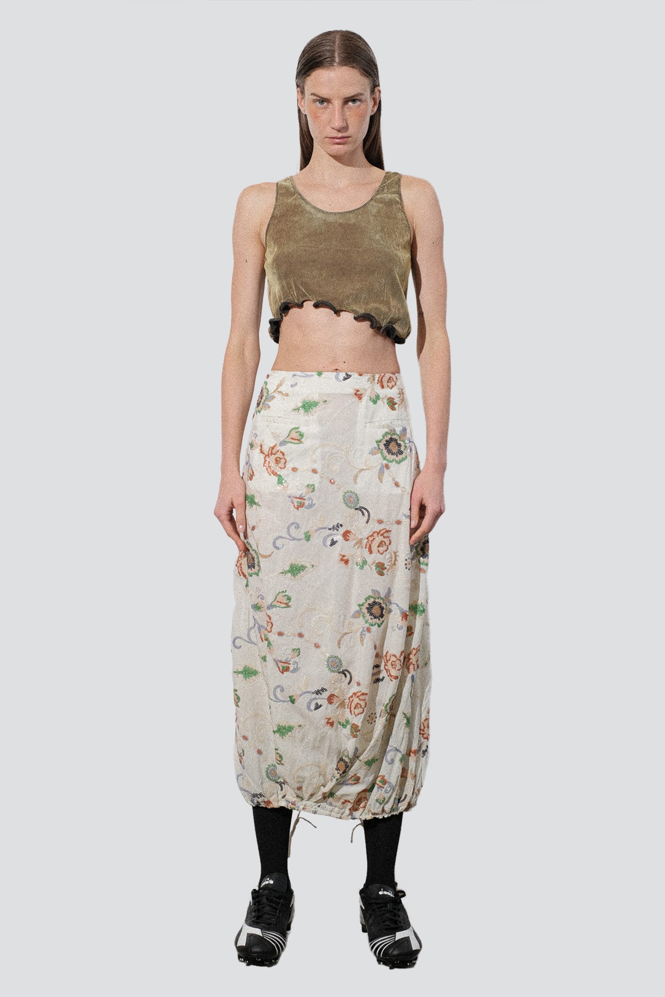 Floral Sequin Embellished Tencel Pintuck Skirt