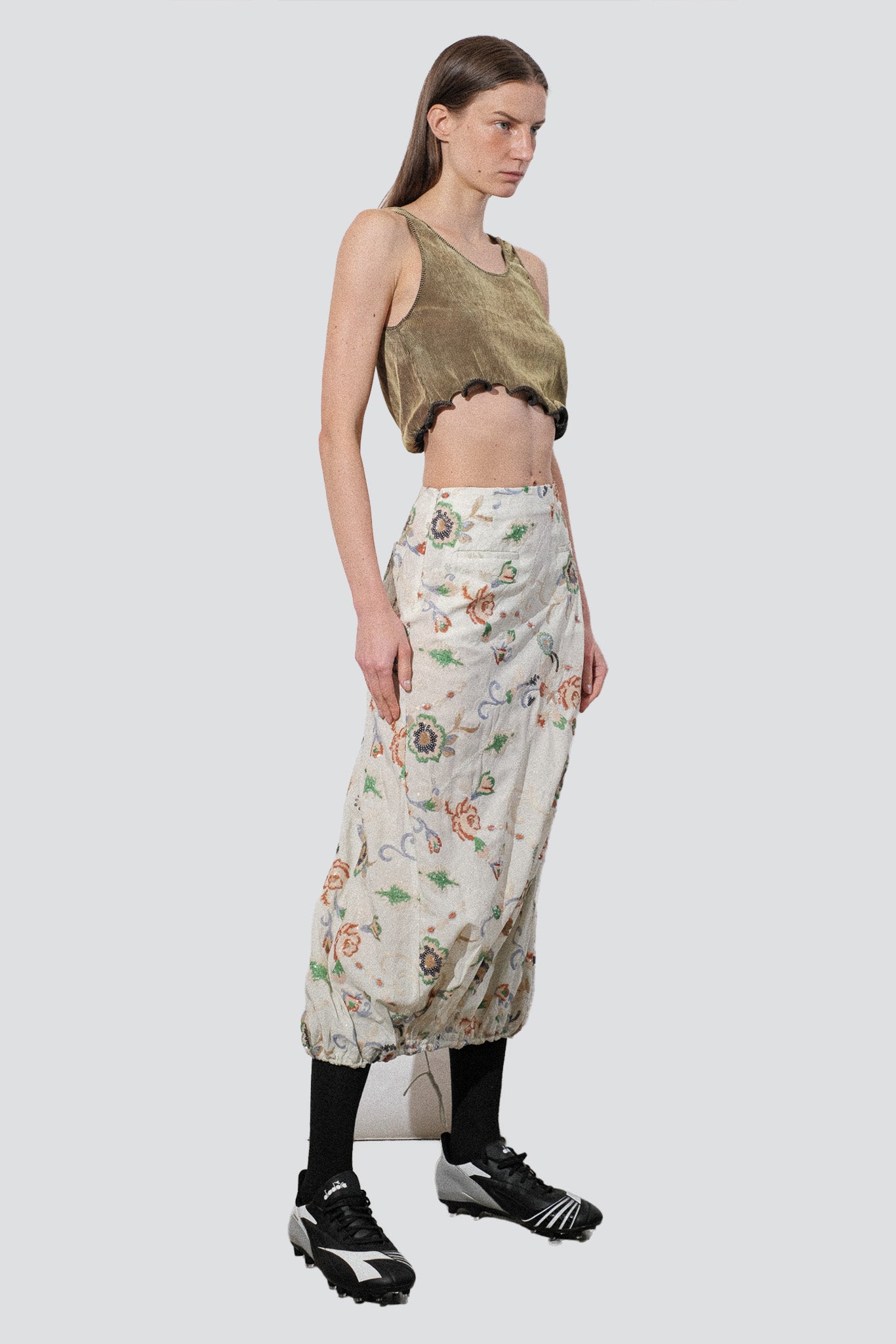 Floral Sequin Embellished Tencel Pintuck Skirt