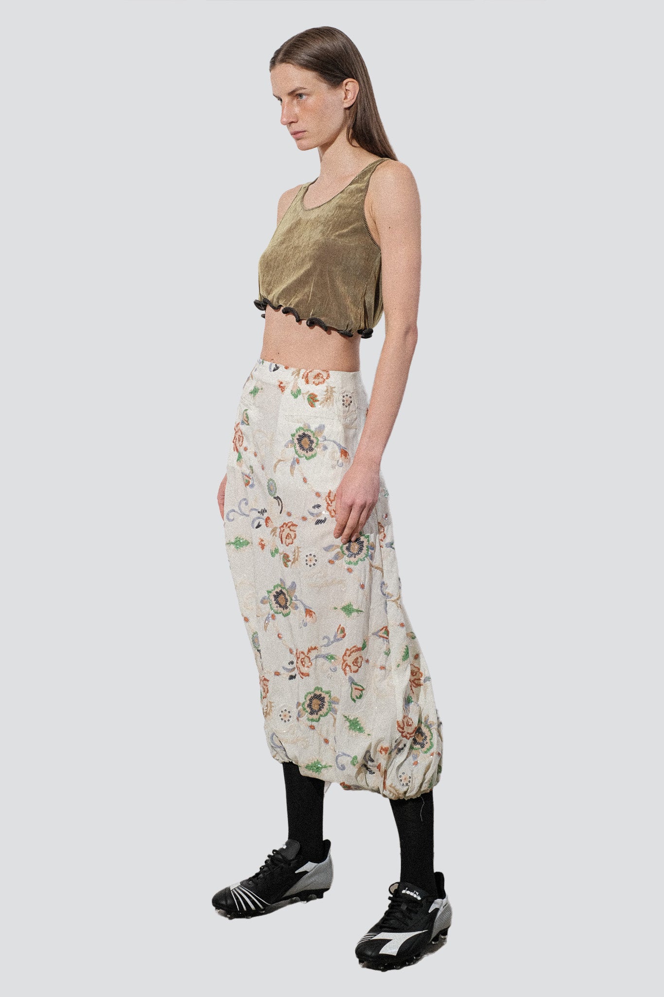 Floral Sequin Embellished Tencel Pintuck Skirt