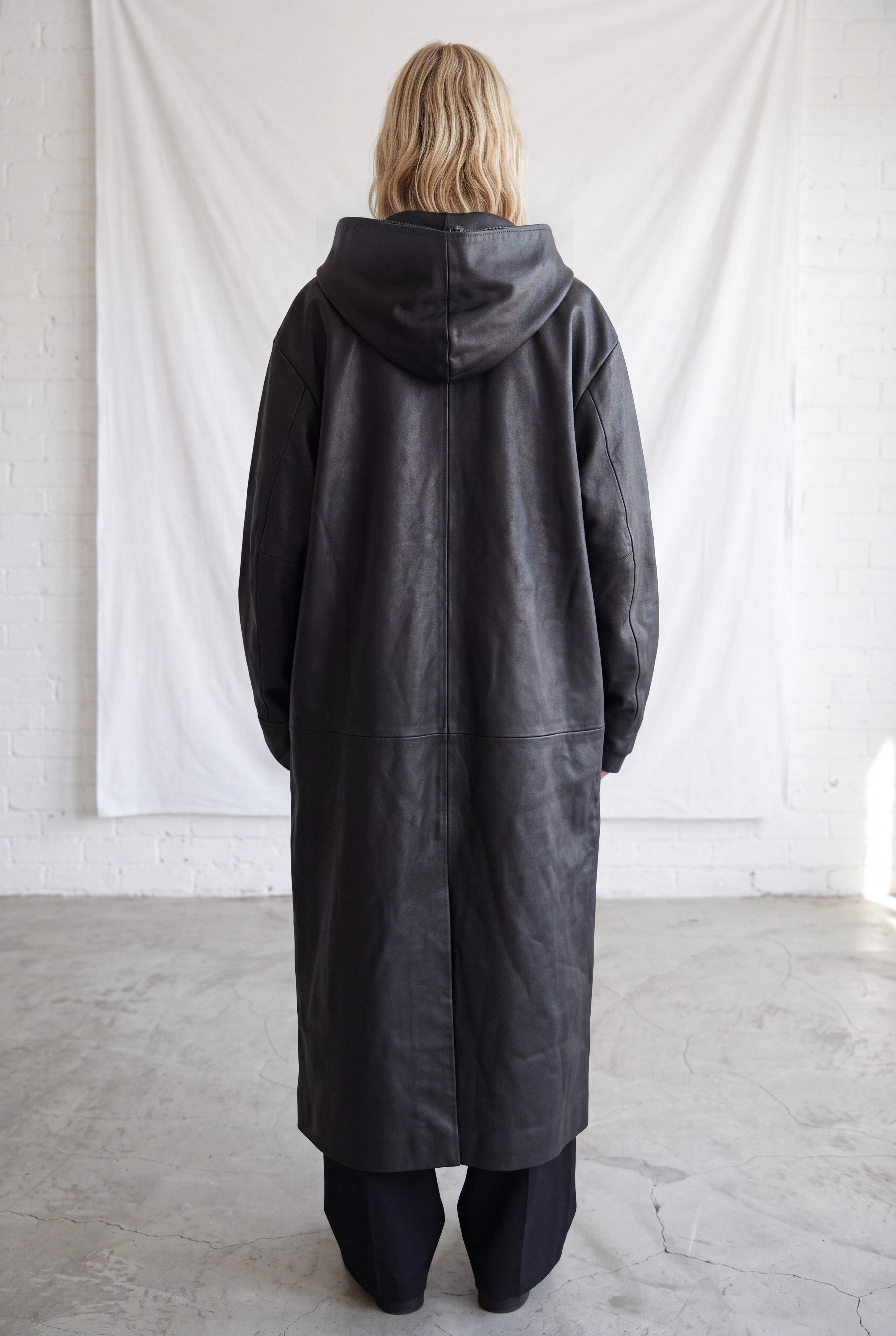 No.275 Black Leather Hooded Zipper Coat - Gabriela Coll Garments