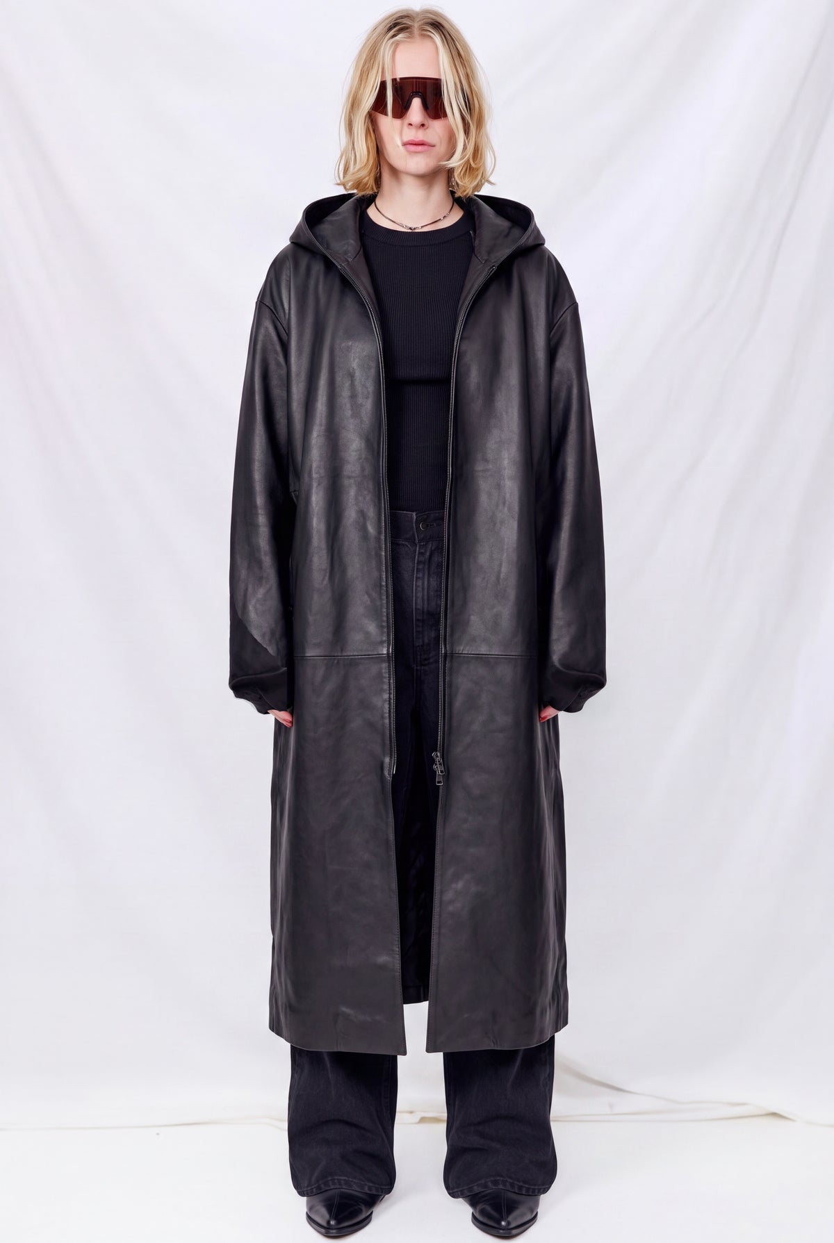No.275 Black Leather Hooded Zipper Coat