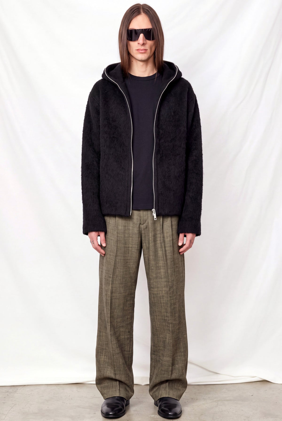 Black Hairy Wool Full Zip Hood