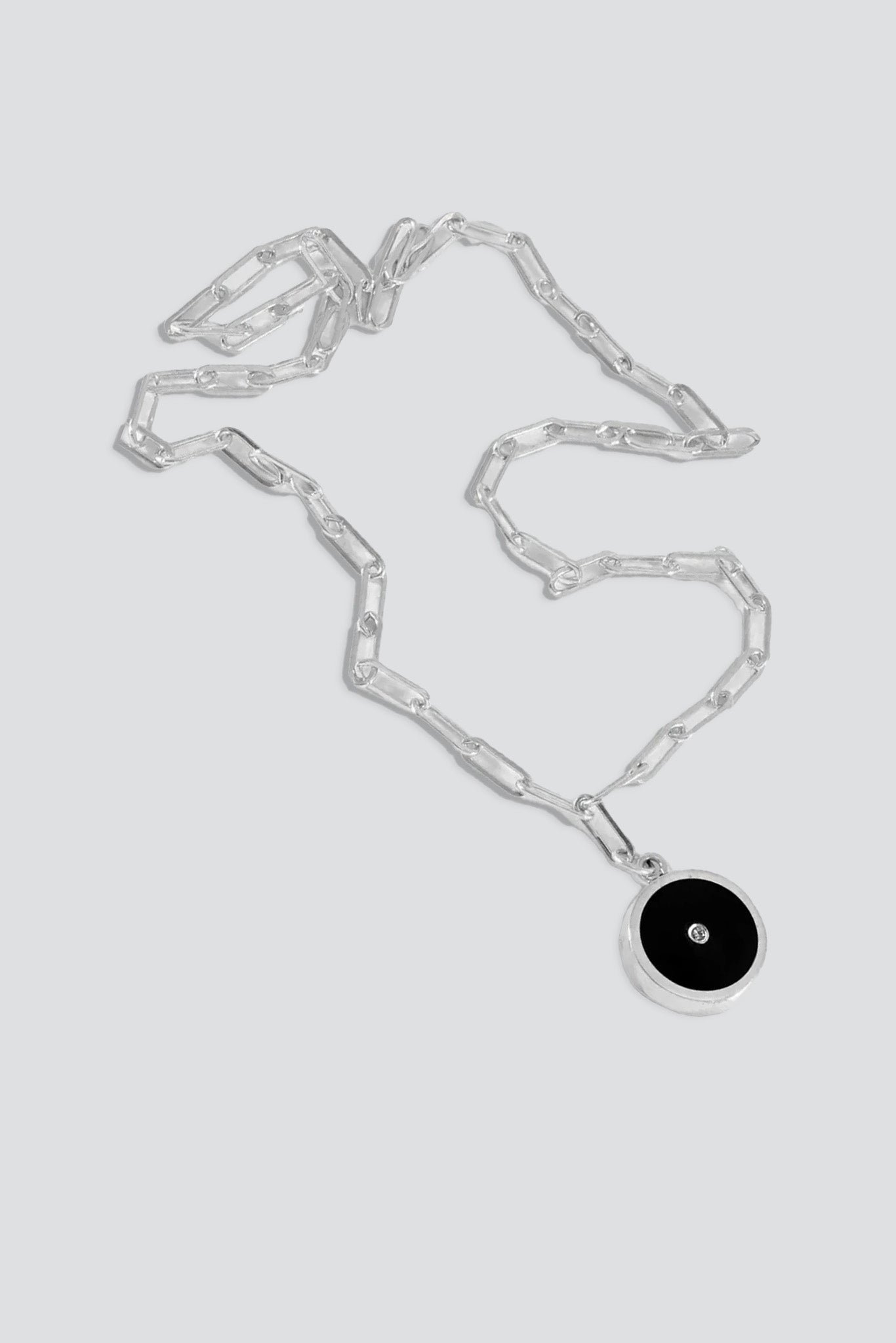 Silver Black Onyx with Diamond Round Stone Signet Necklace
