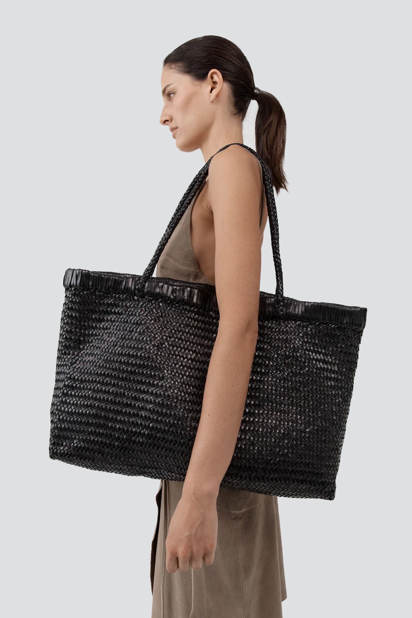 Black Wide Bagu Woven Tote