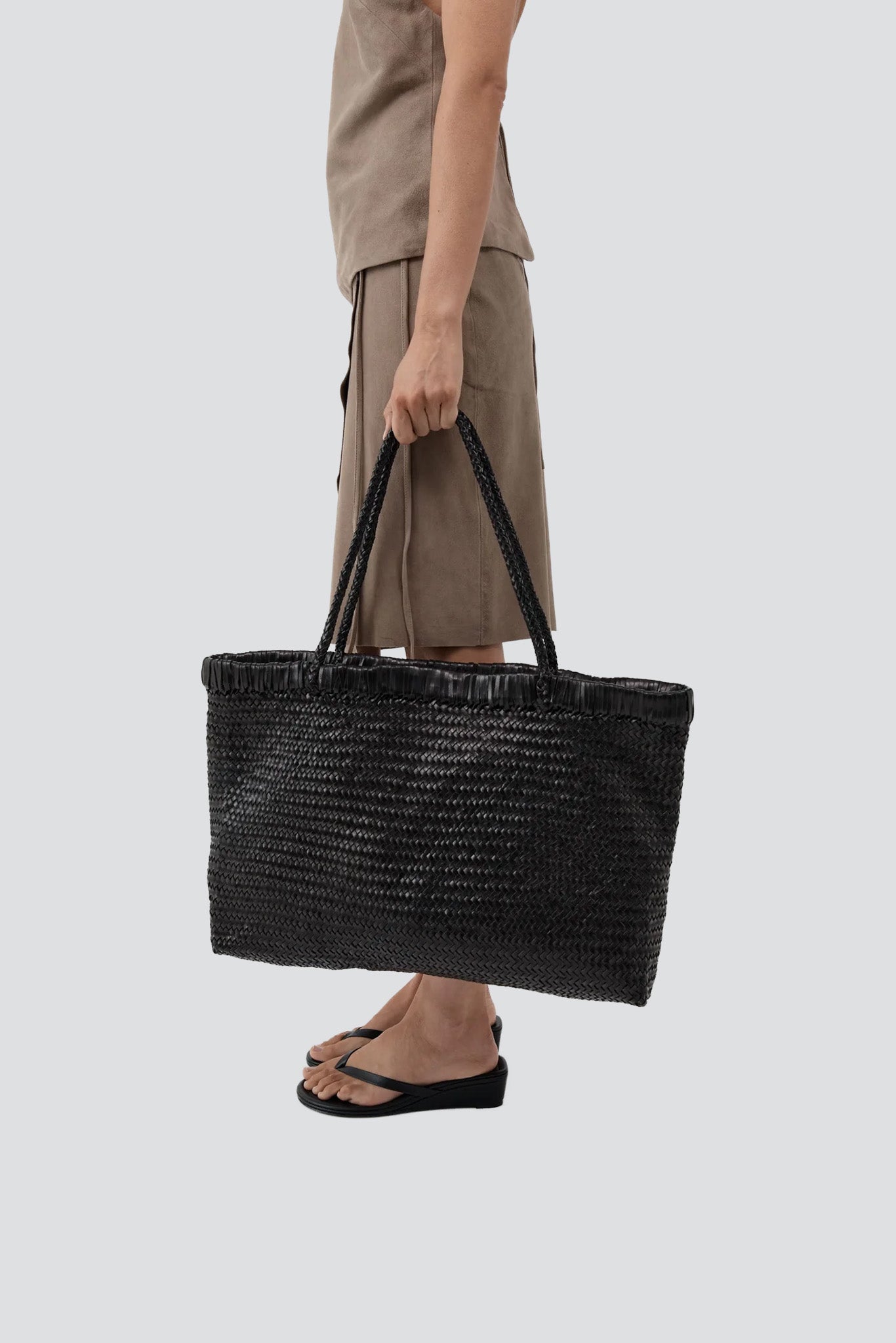 Black Wide Bagu Woven Tote
