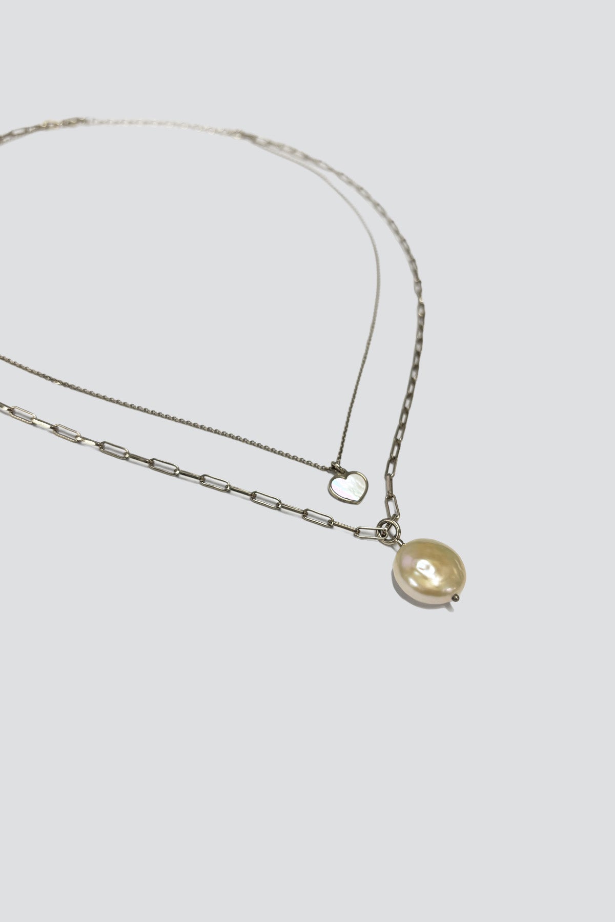 Sterling Silver Stacked Pearl and Heart Chain