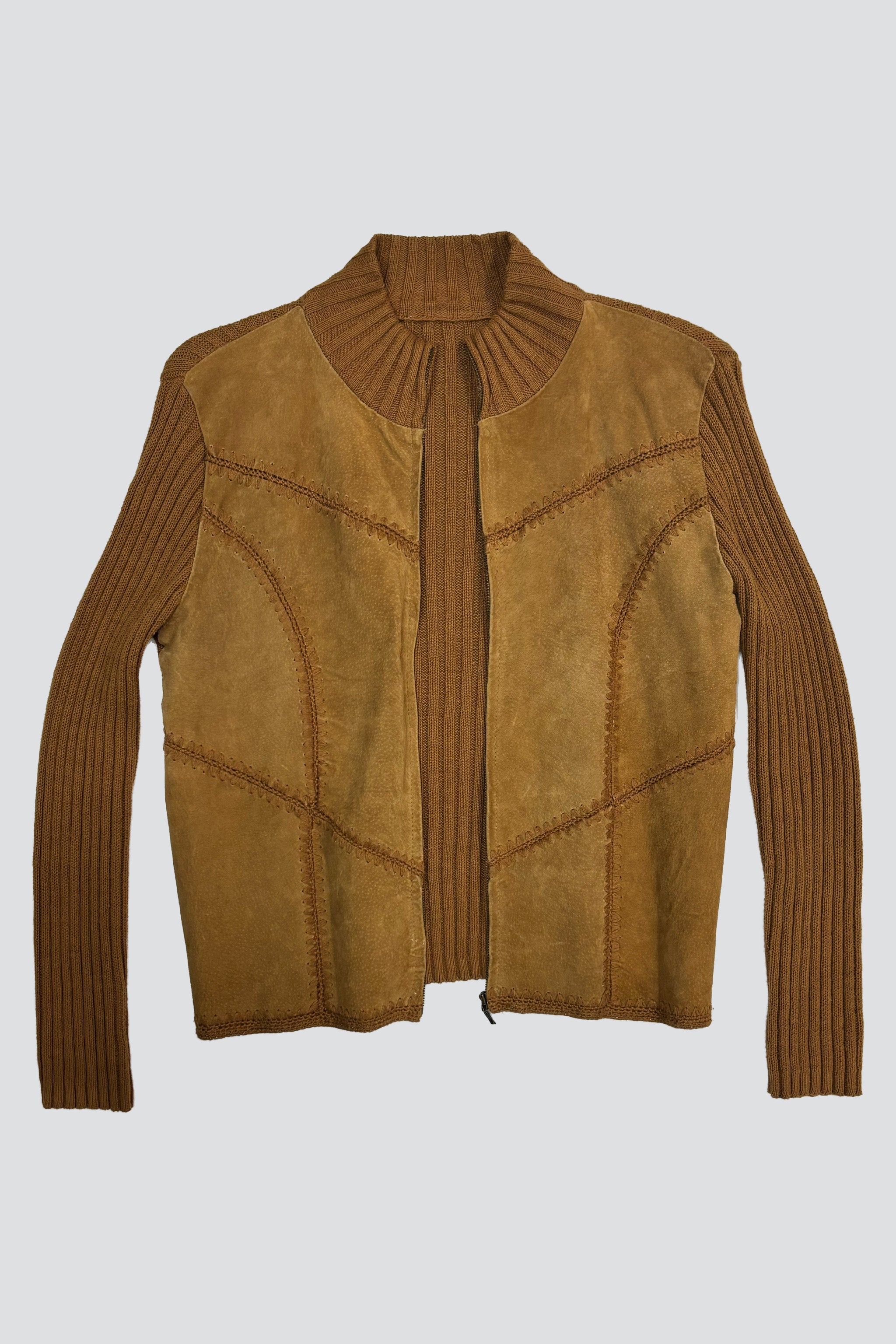 Camel Suede/Knit Stitched Zip Jacket
