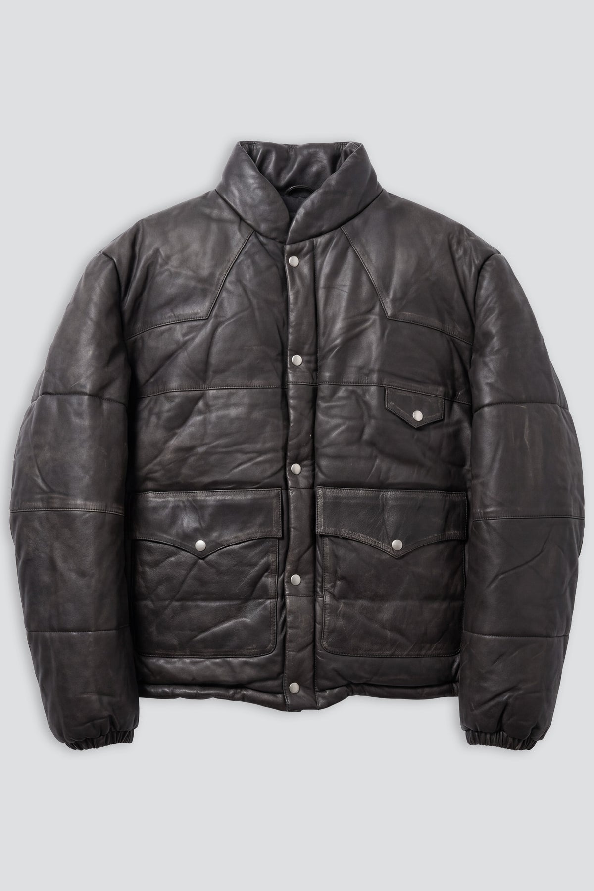 Vintage Black Distressed Leather Puffer Jacket