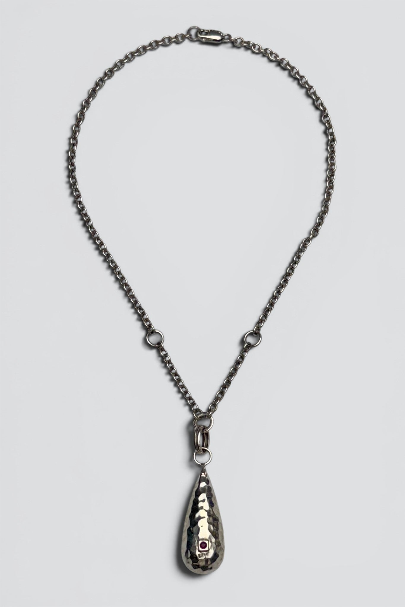 Sterling Silver Garnet Hammered Teardrop Pendant Necklace