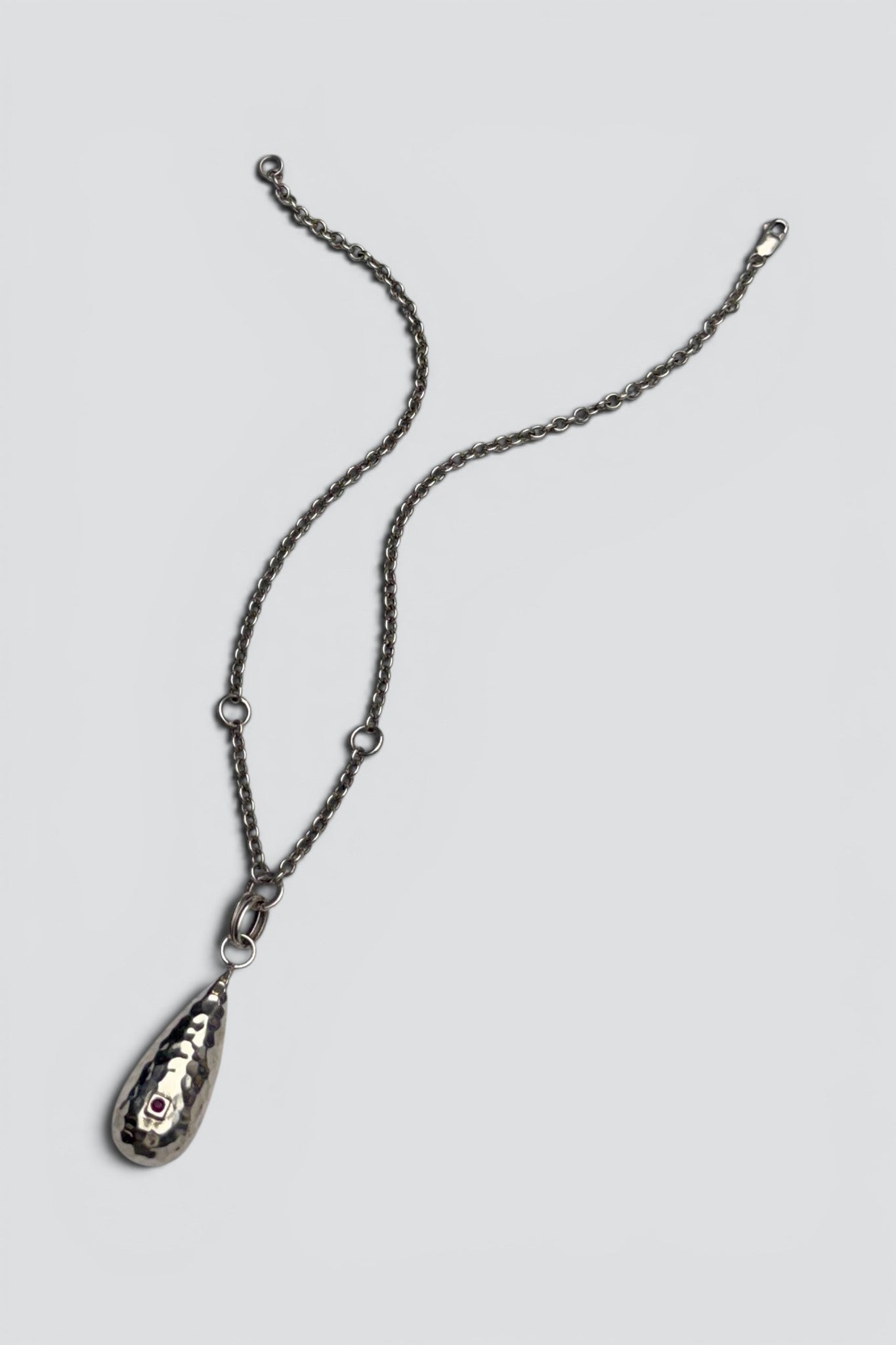 Sterling Silver Garnet Hammered Teardrop Pendant Necklace