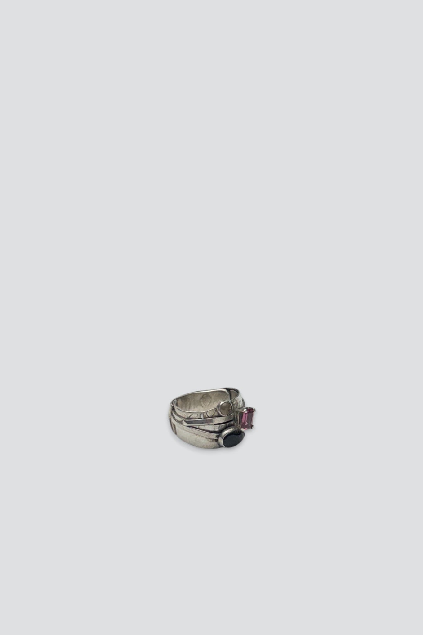 Sterling Silver Onyx Garnet Quartz Deco Ring