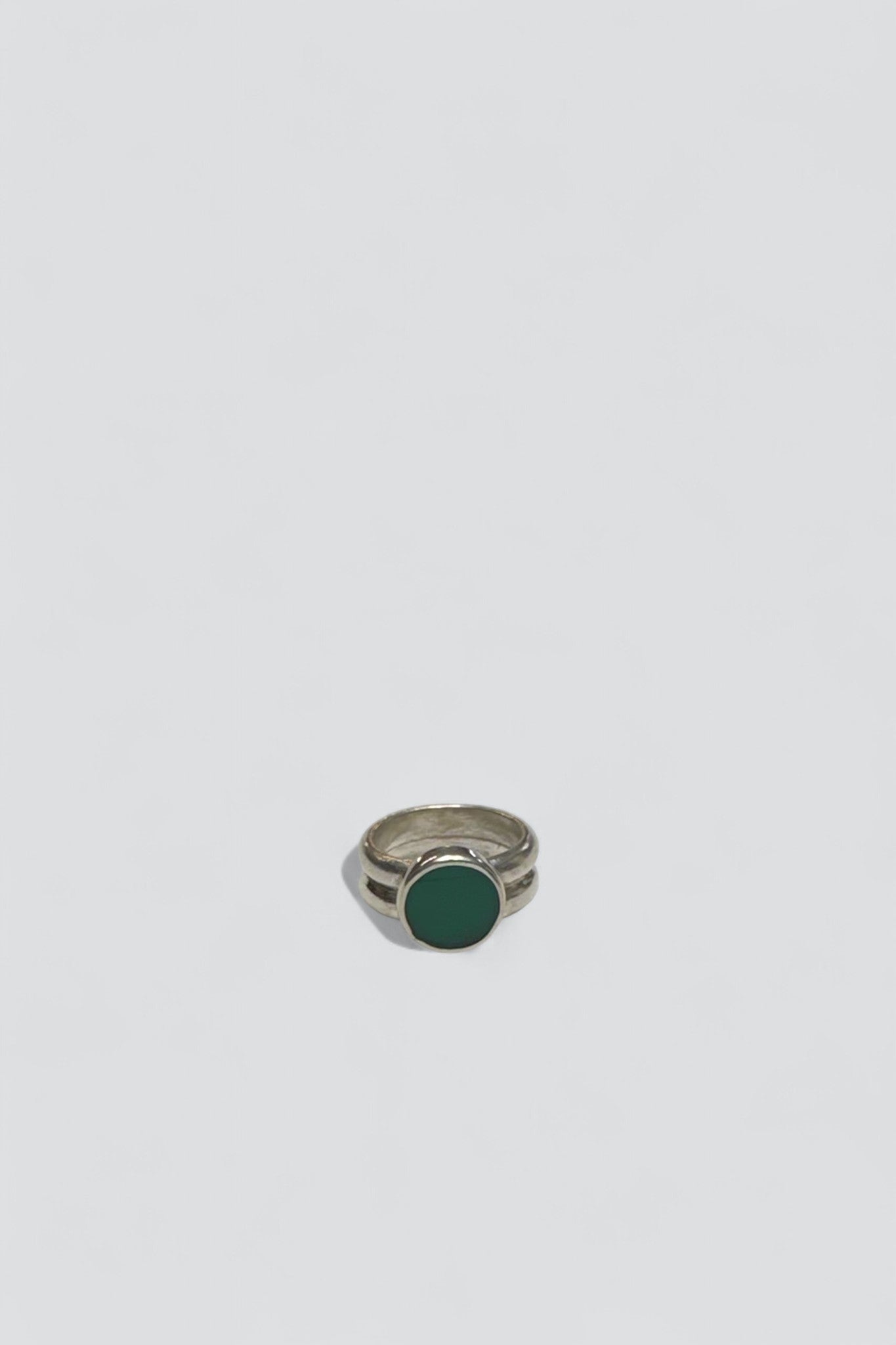 Sterling Silver Round Green Onyx Double Band Signet Ring